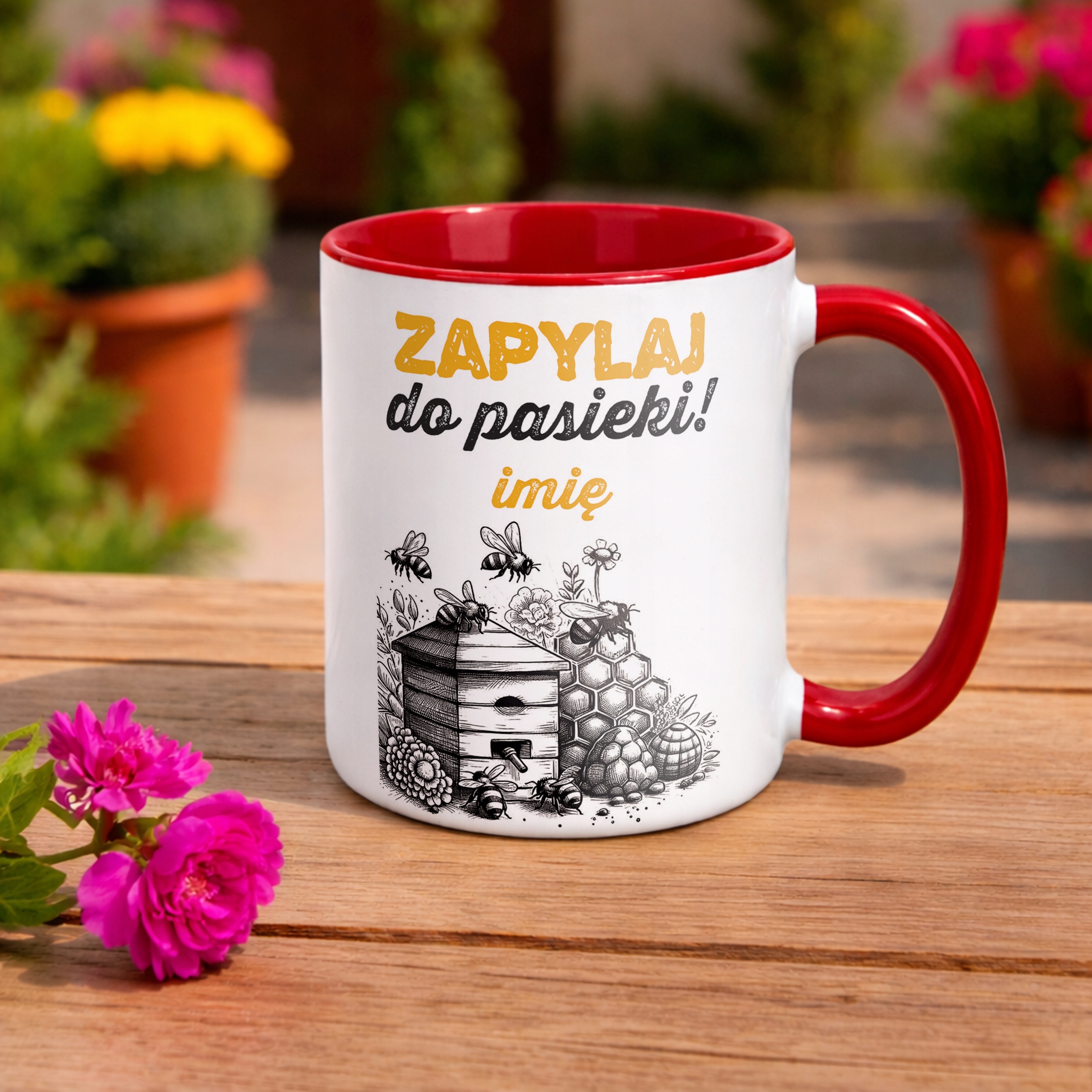 Kubek Czerwony Personalizowany Dla Pszczelarza Pszczoły Pasieka Prezent