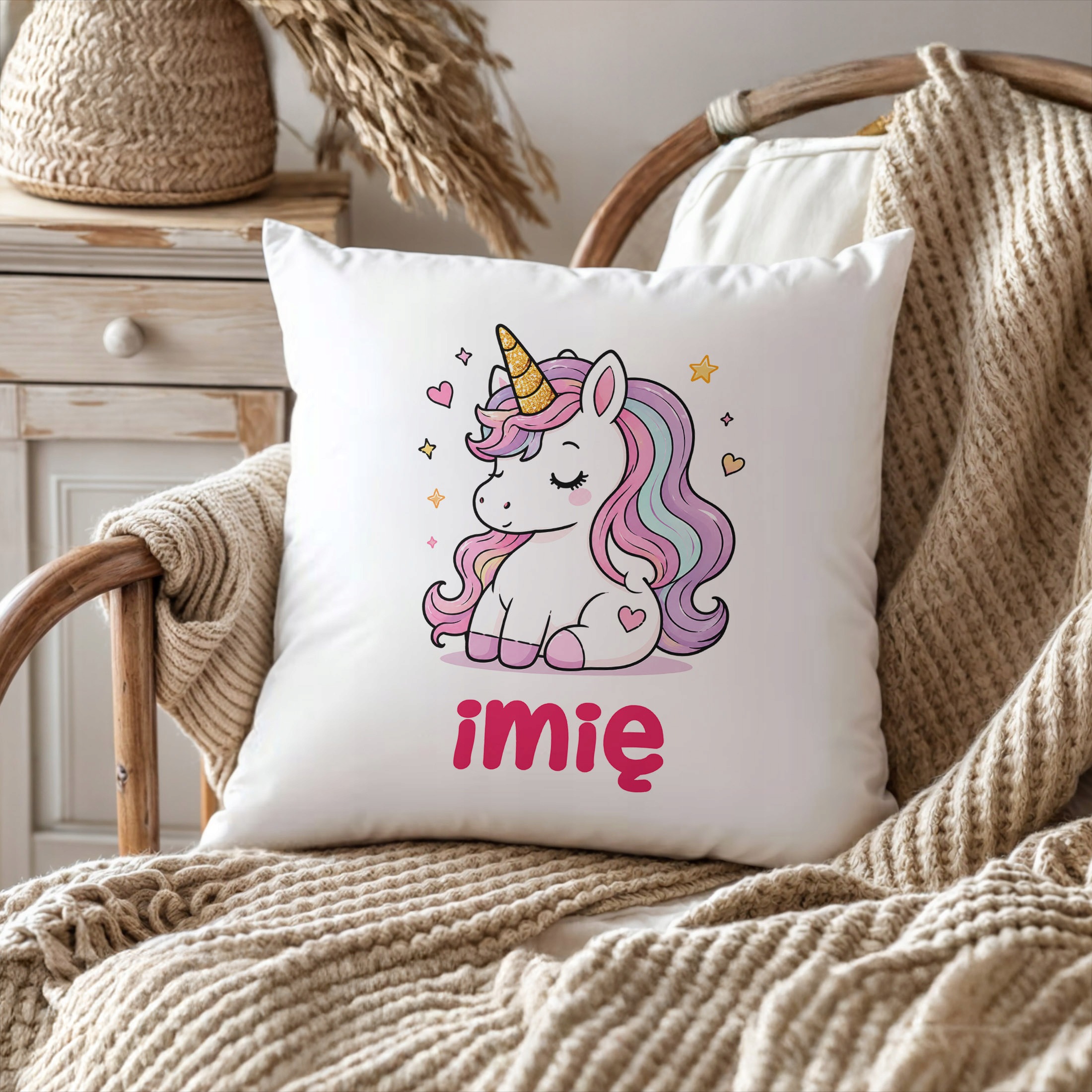Poduszka Jasiek Personalizowana z nadrukiem 38x38cm jednorożec Prezent