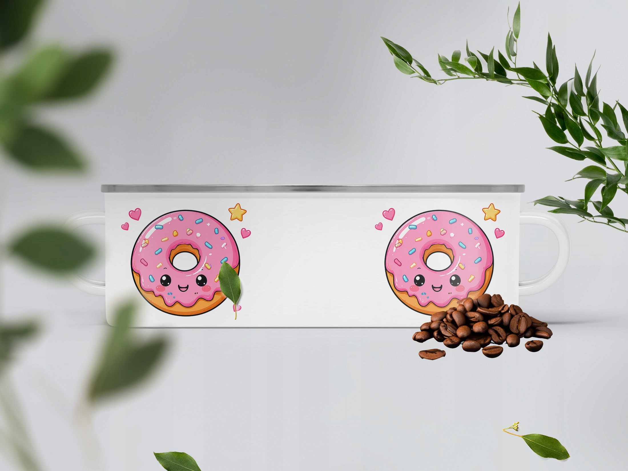 Kubek Emaliowany Kawaii Pączek z Nadrukiem Biały Metalowy Prezent