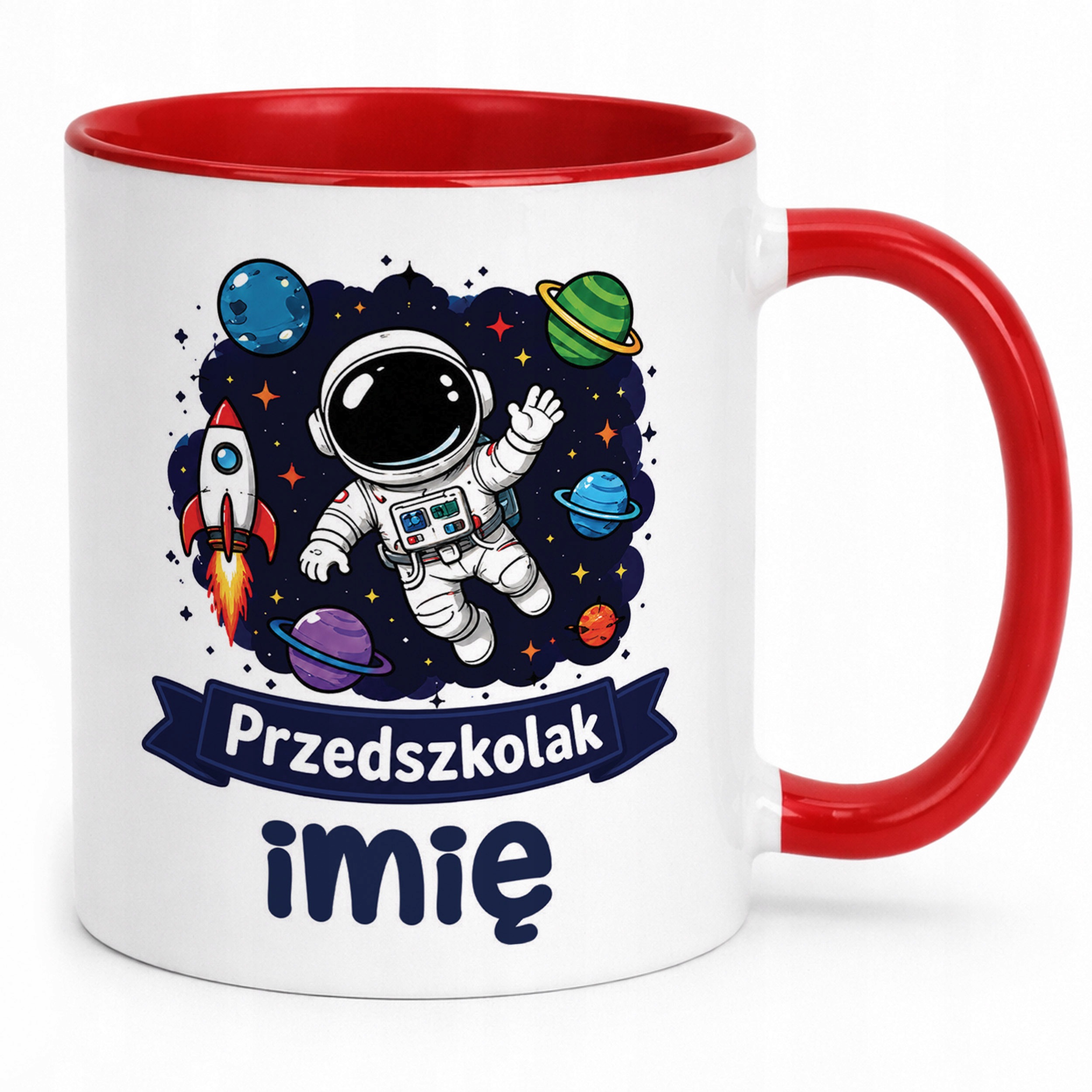 Zestaw Personalizowany Kubek Czerwony Poduszka Przedszkolak Astronauta