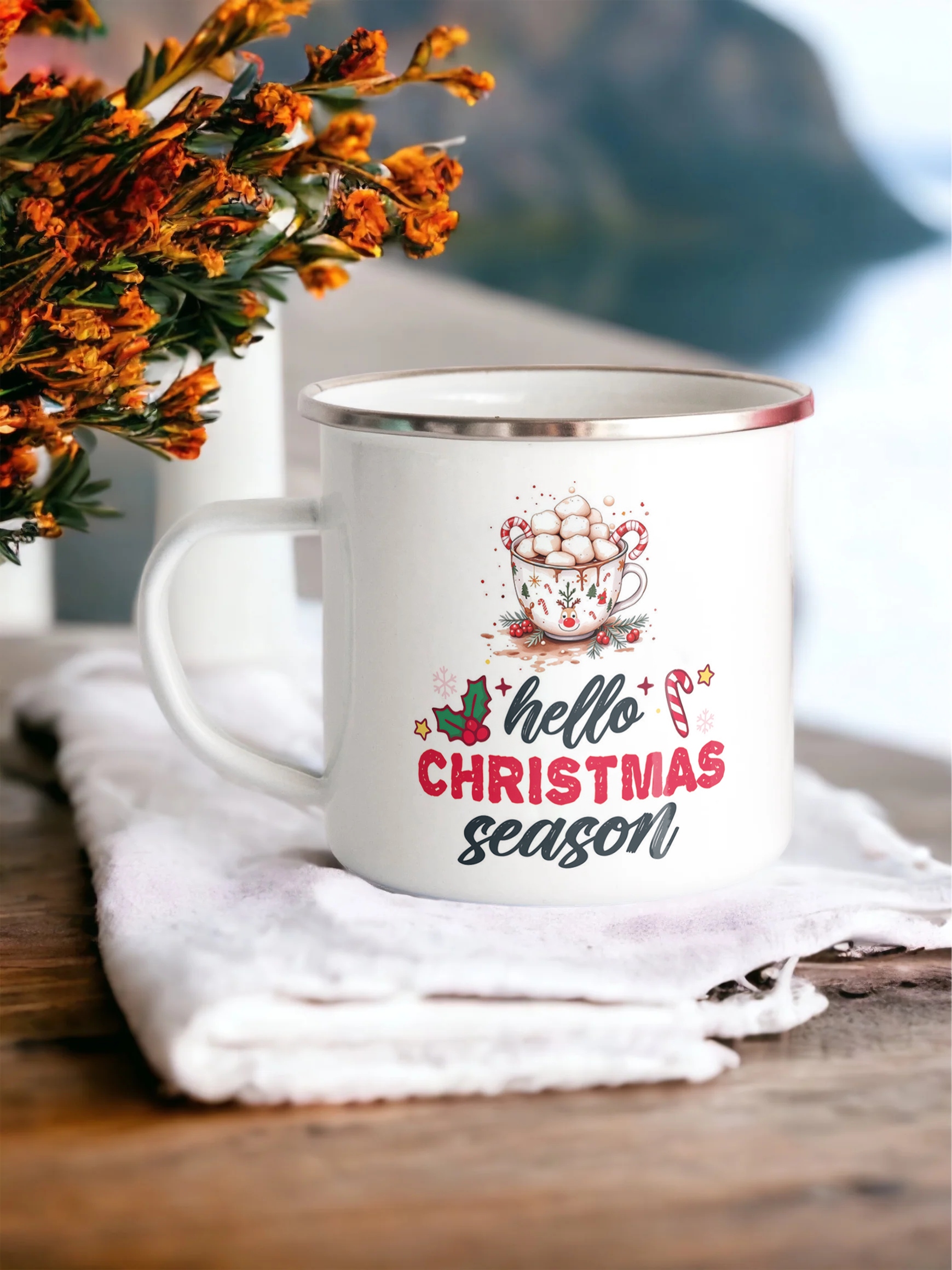 Emaliowany Kubek Garnuszek Świąteczny Hello Christmas Boże Narodzenie