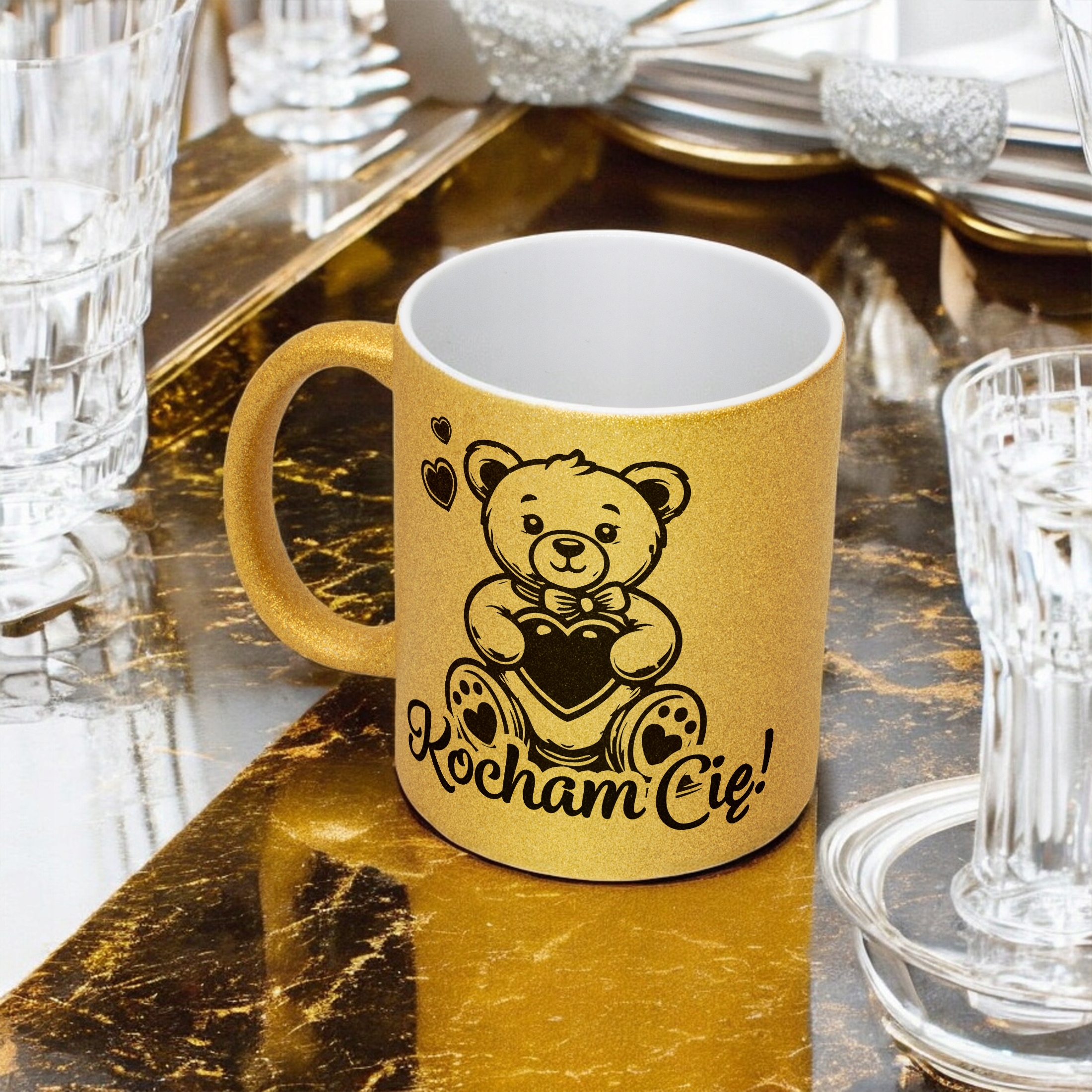 Złoty kubek brokatowy Walentynki Kocham Cię Miś Prezent