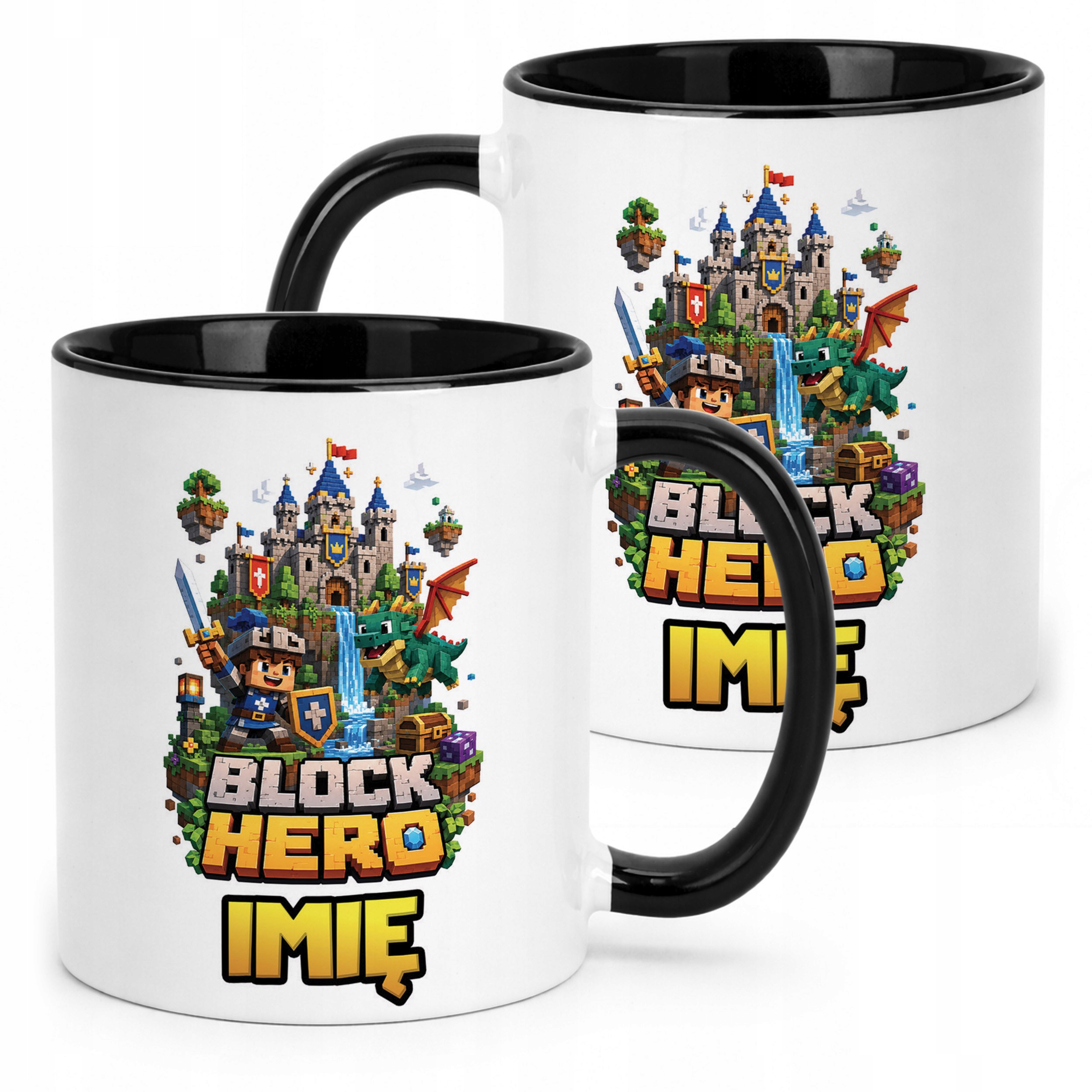 Kubek Czarny z nadrukiem personalizowany BLOCK HERO Gra Dla Dzieci Prezent