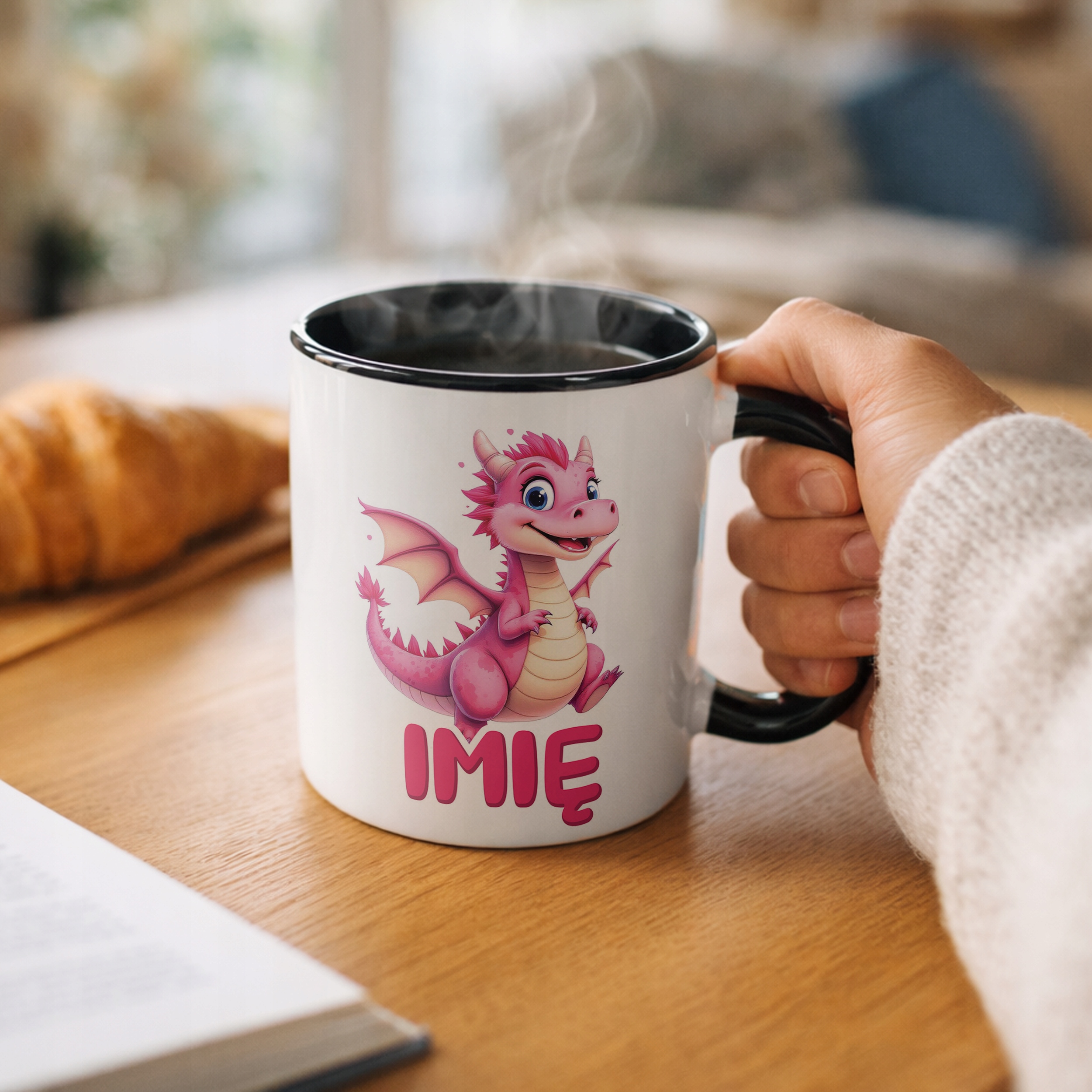 Kubek Czarny Personalizowany Smok Zwierzak Słodki Dla Dzieci