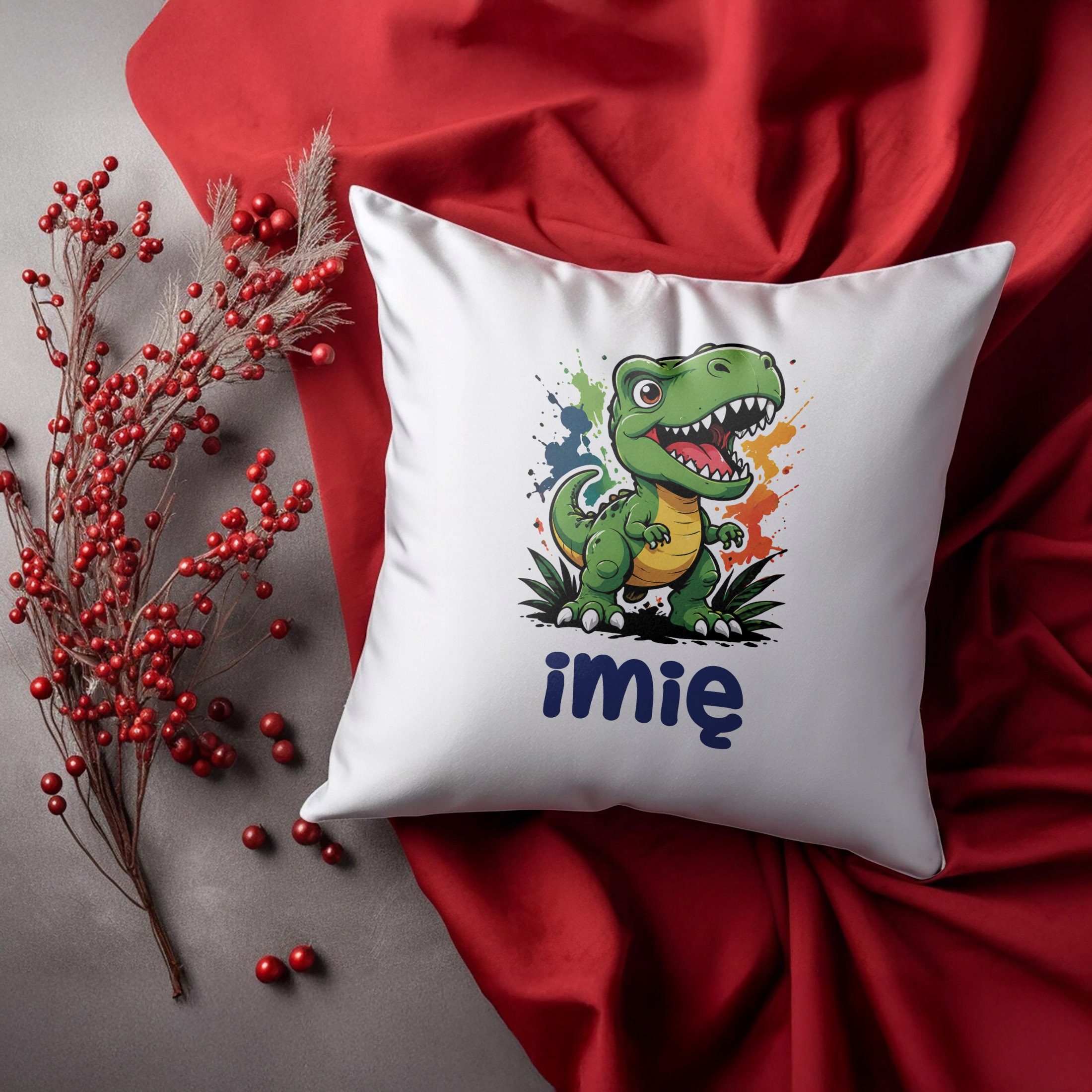 Zestaw Personalizowany Kubek Czerwony Poduszka T-rex Prezent