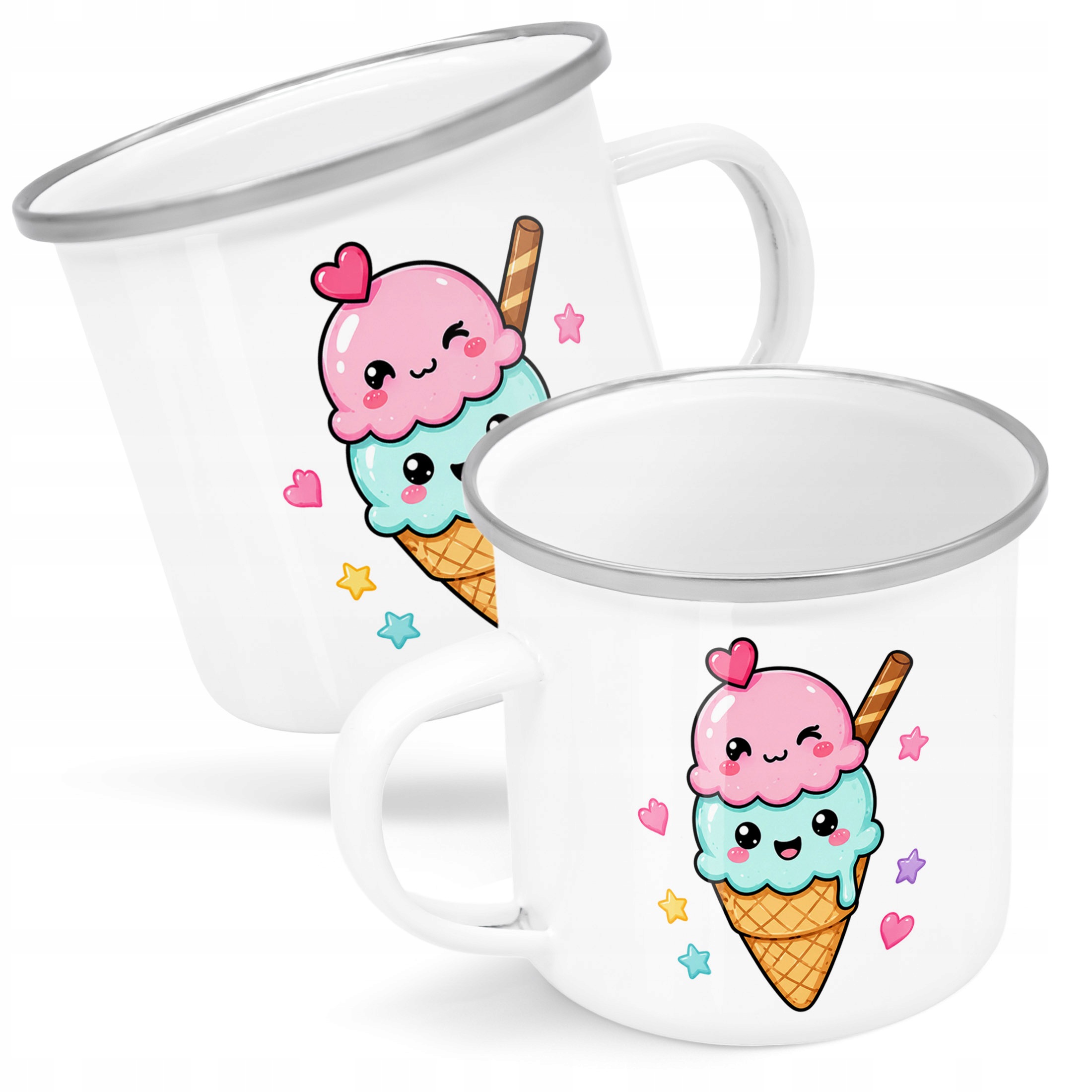 Kubek Emaliowany Kawaii Lody z Nadrukiem Biały Metalowy Prezent