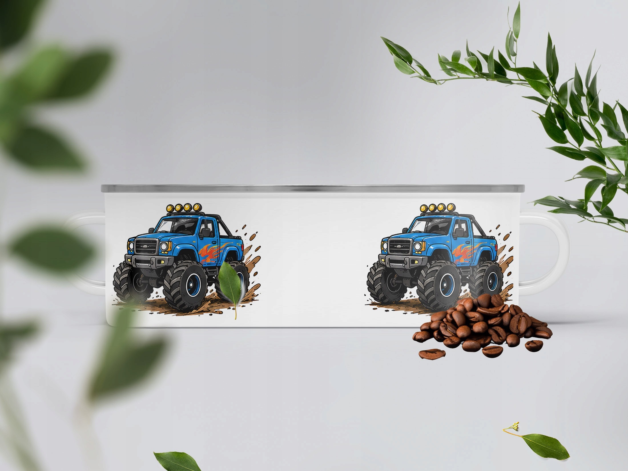 Kubek Emaliowany Monster Truck z Nadrukiem Biały Metalowy Prezent