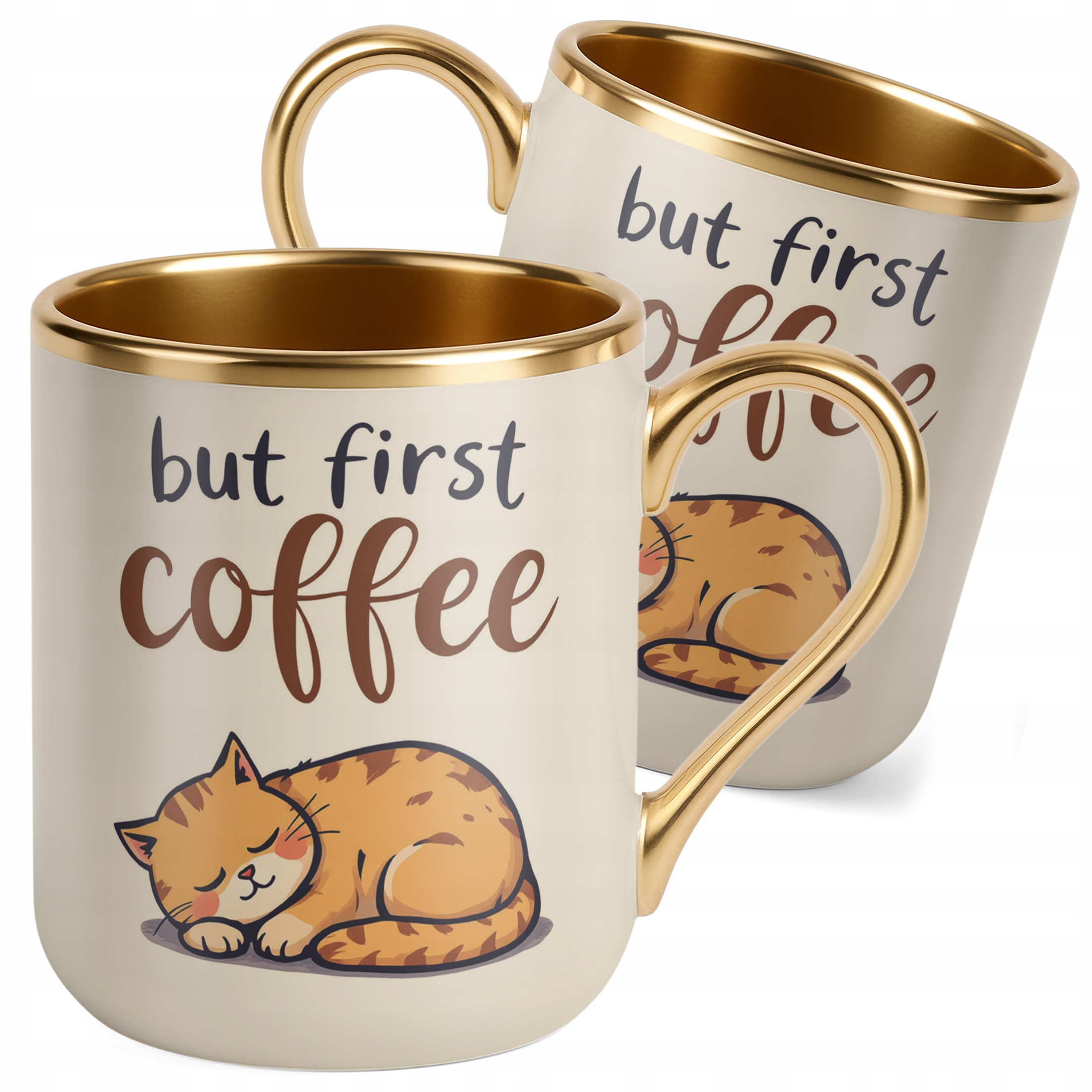 Kubek Premium Złoty Ecru But First Coffee Kawa Kot Dla Kociary Prezent