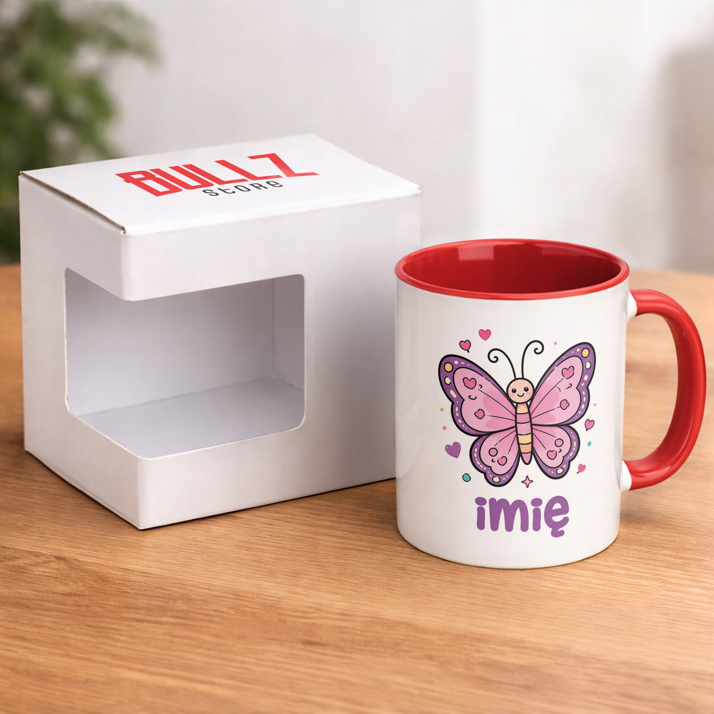 Kubek Czerwony z nadrukiem personalizowany Uroczy Motylek Prezent