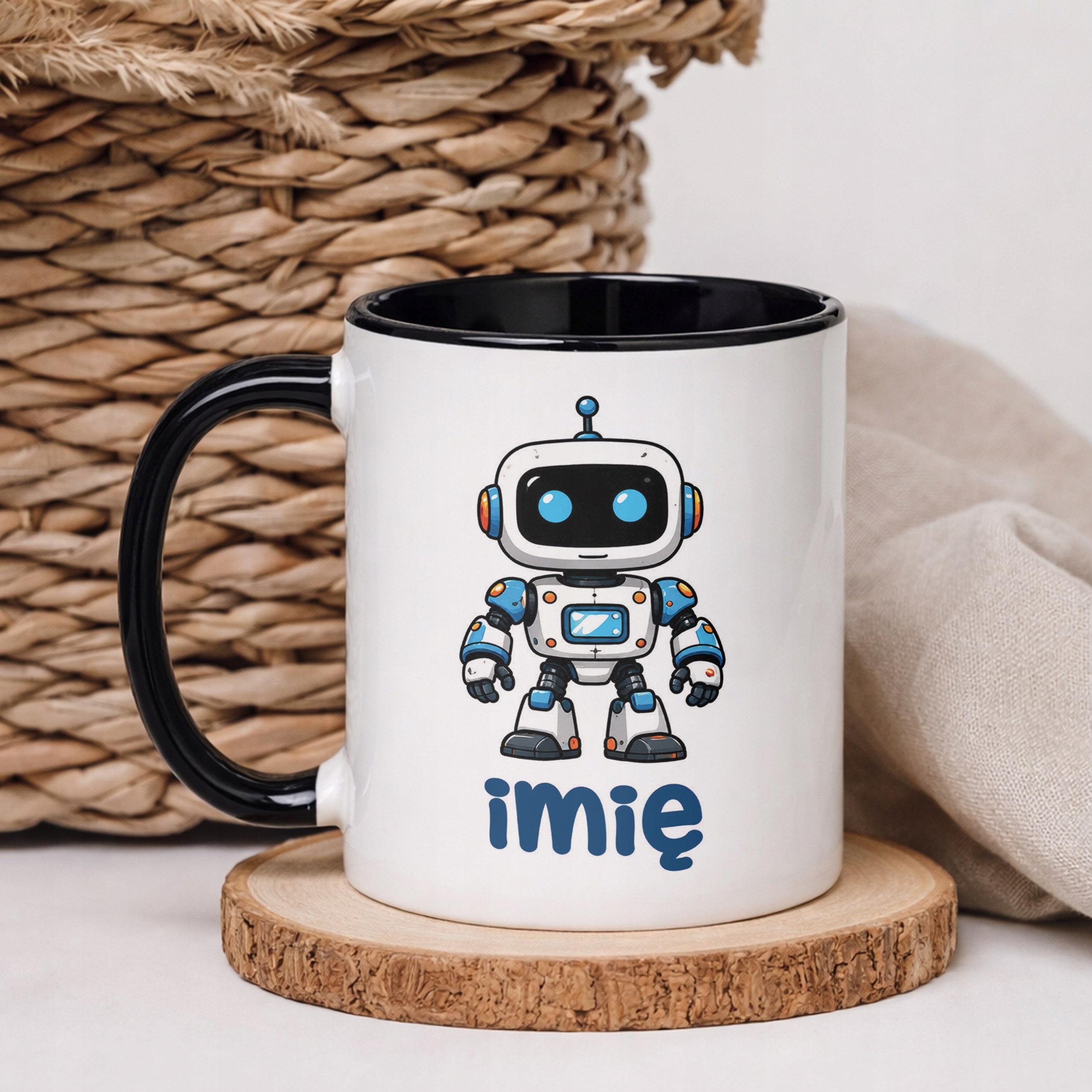 Kubek Czarny z nadrukiem personalizowany Robot Dla Dzieci Prezent
