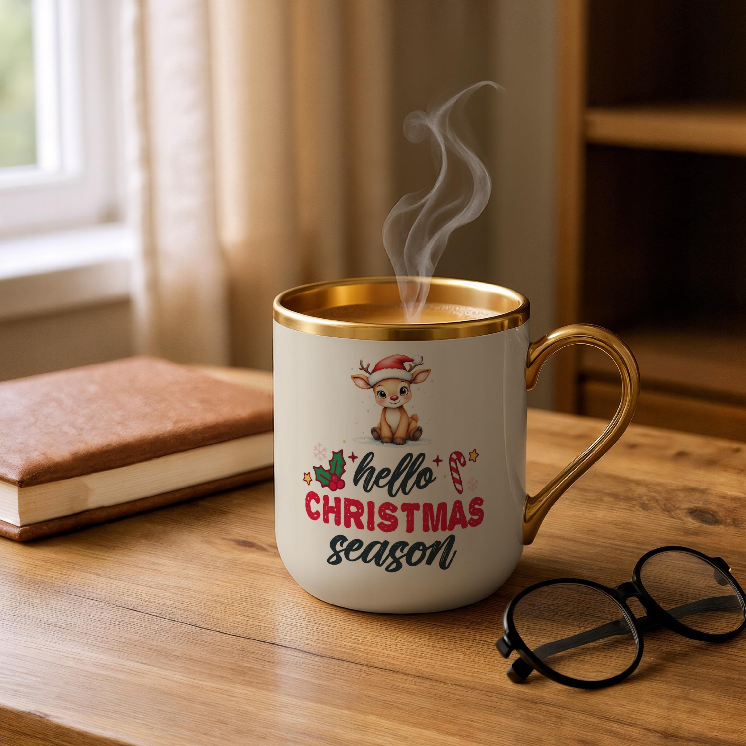 Kubek Premium Złoty Ecru Świąteczny Hello Christmas Boże Narodzenie