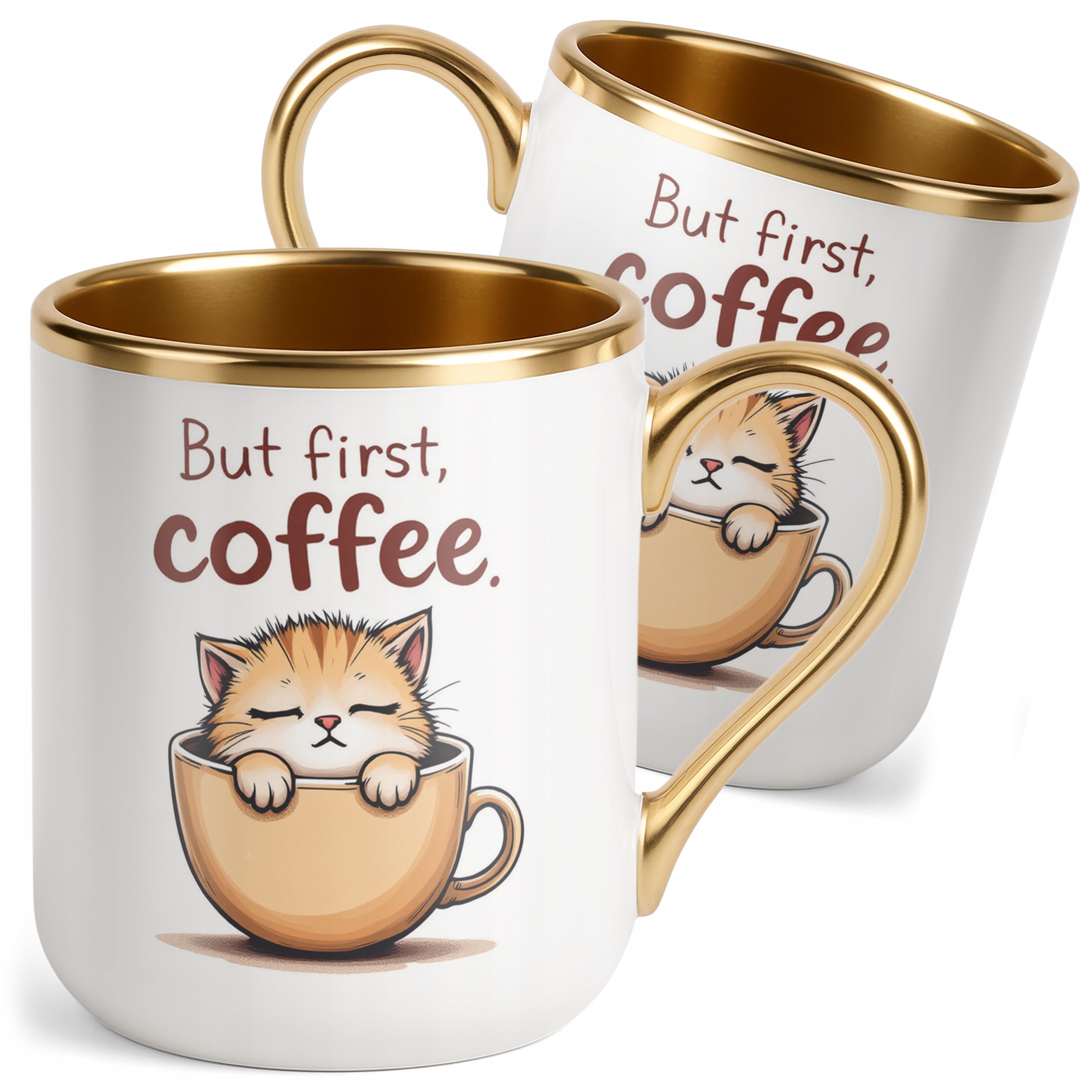 Kubek Premium Złoty But First Coffee Kawa Kot Dla Kociary Prezent