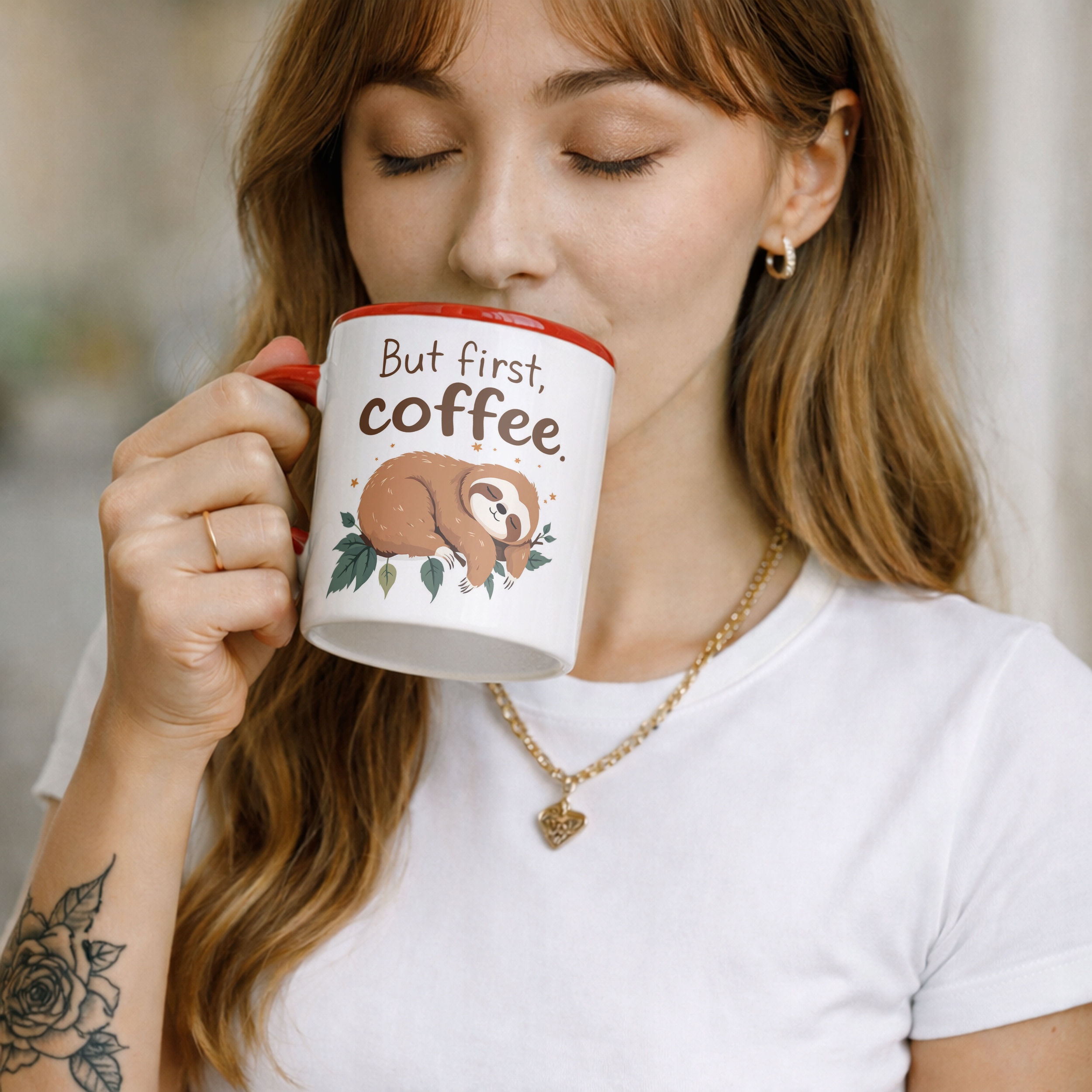 Kubek ceramiczny But First Coffee Kawa Leniwiec Zabawny Prezent