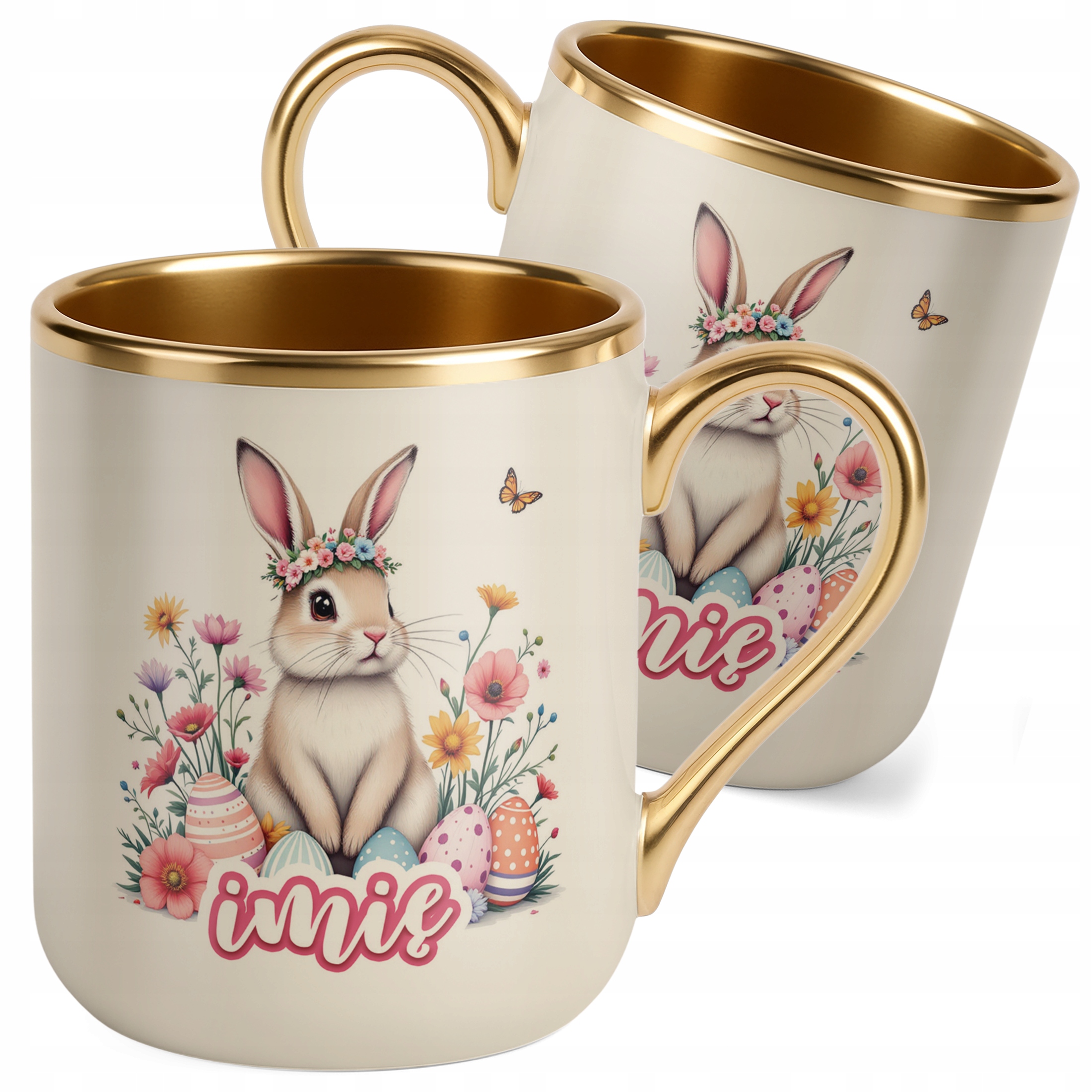 Kubek Premium Złoty Ecru Personalizowany Wielkanoc Prezent Zając Wiosna