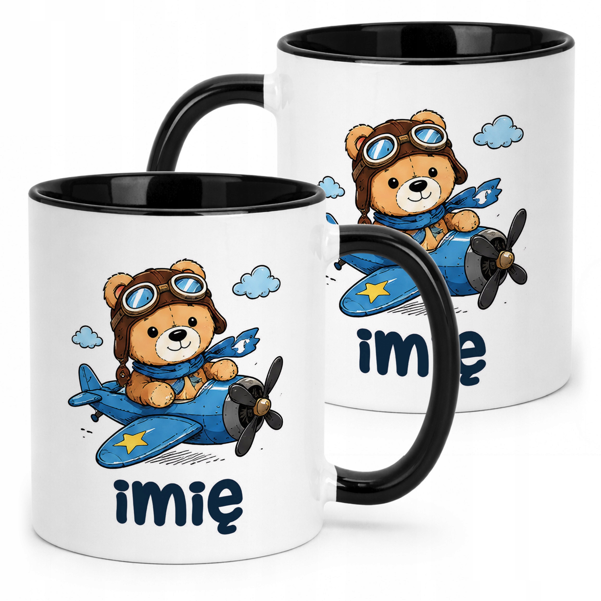 Kubek Czarny z nadrukiem personalizowany Uroczy Miś Pilot Dla Dzieci