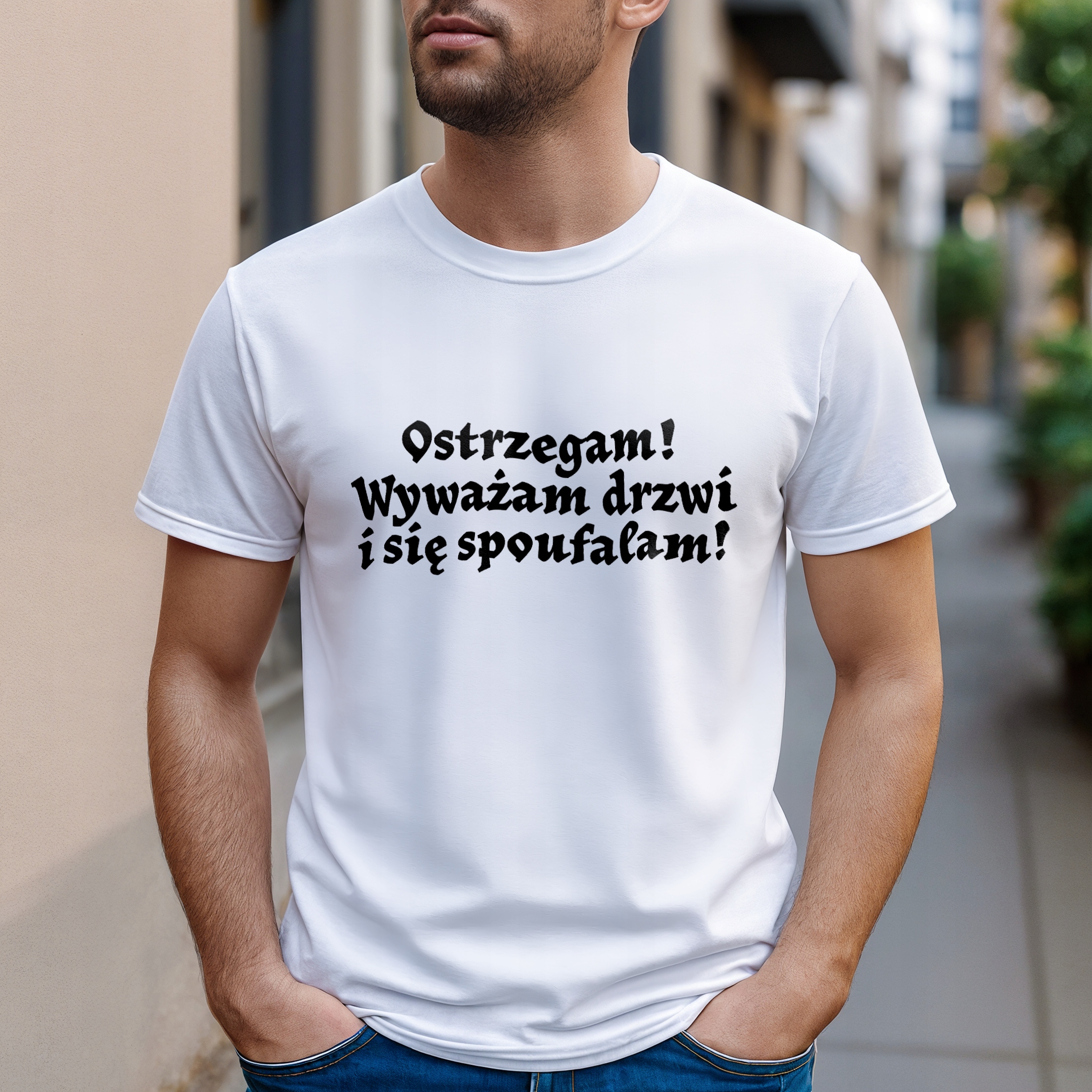 Koszulka biała męska 1670 Ostrzegam Wyważam Drzwi r. 3XL