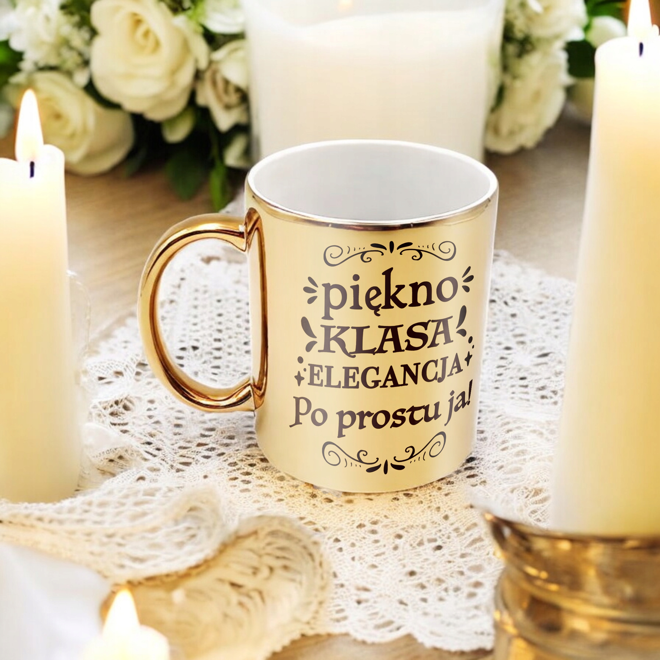 Złoty Kubek na prezent Dzień Kobiet Piękno Klasa Elegancja Prezent