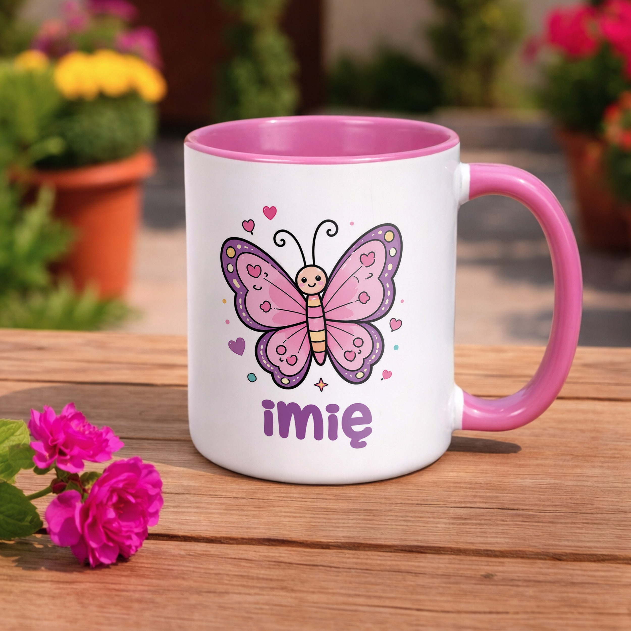 Zestaw Personalizowany Kubek Różowy Poduszka Motylek Prezent