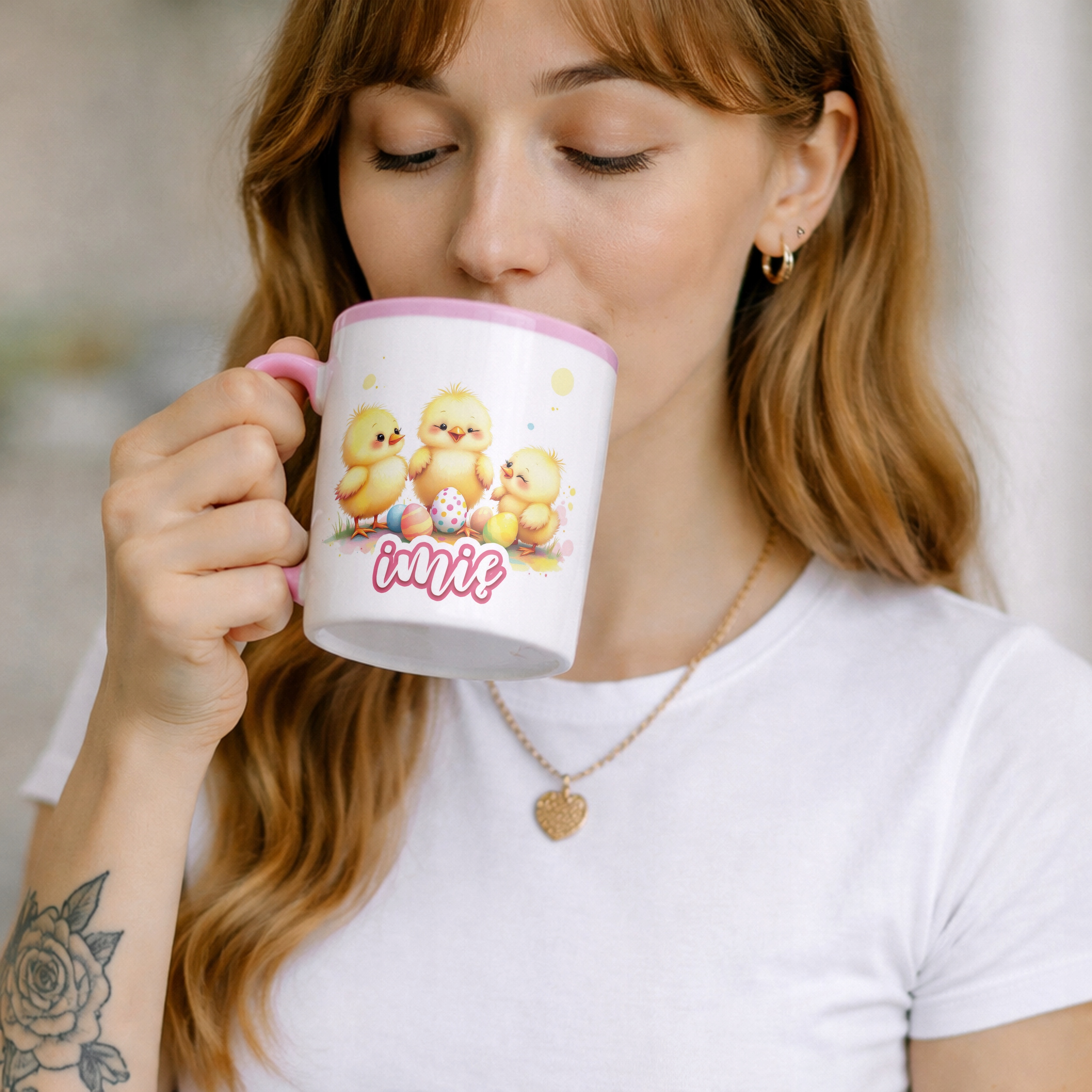 Kubek Różowy Personalizowany Wielkanoc Kurczaki Pisanki