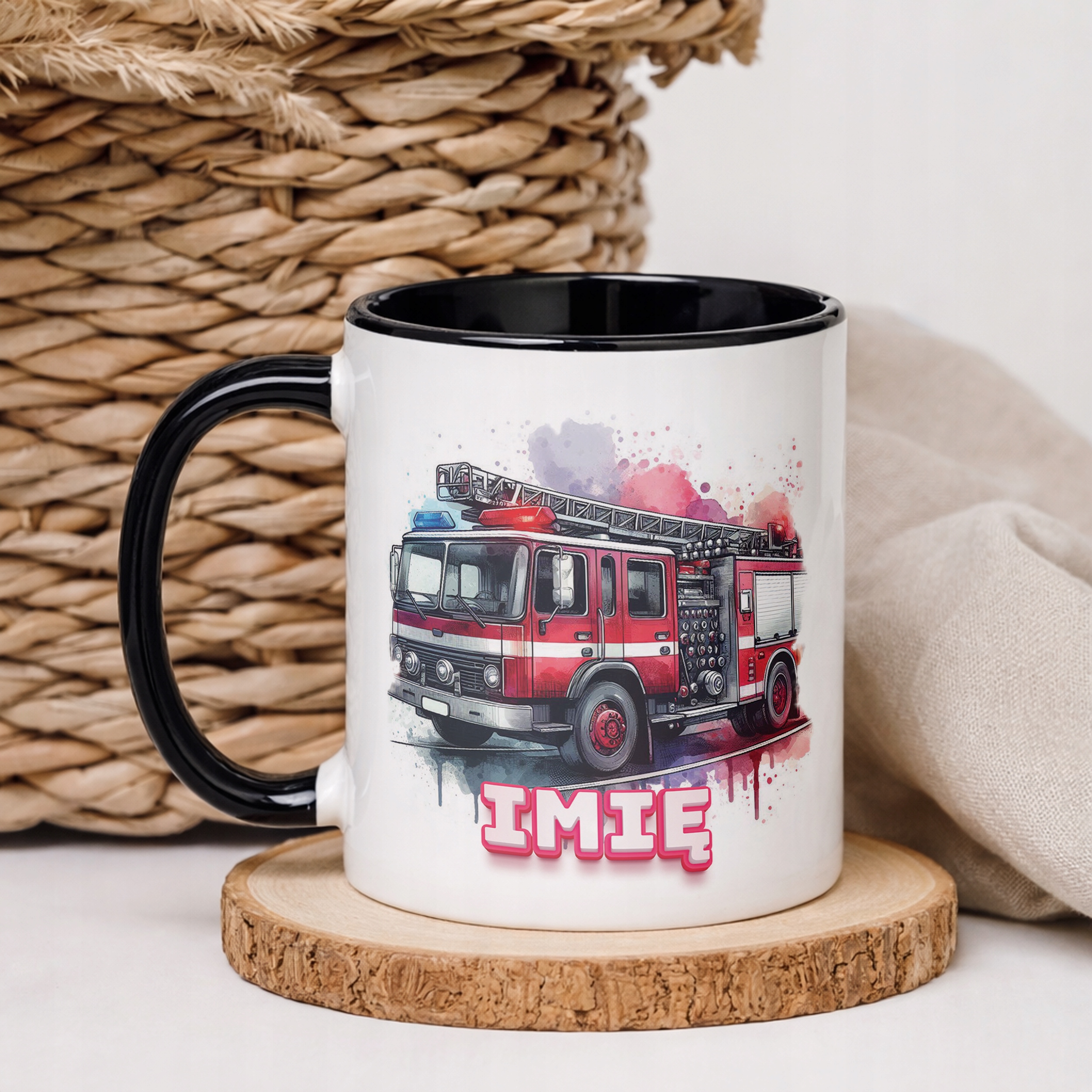 Kubek Czarny Personalizowany Dla Strażaka Wóz Strażacki Prezent