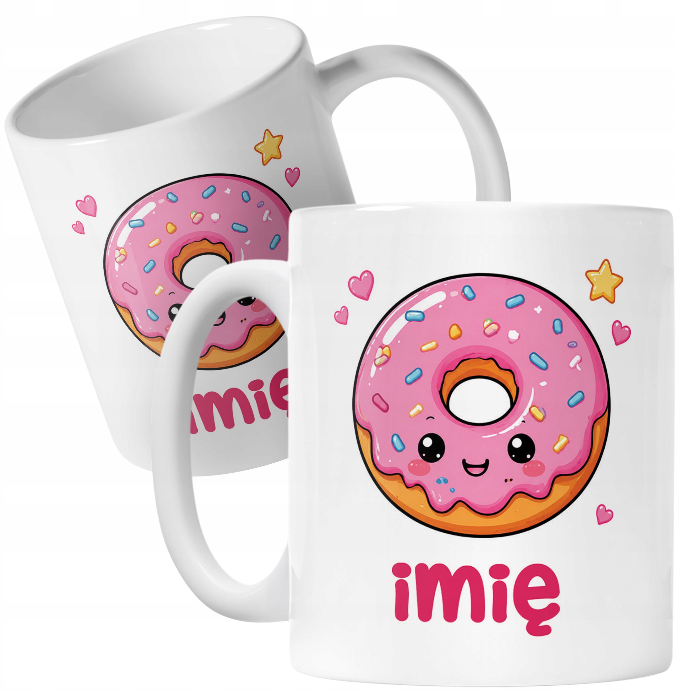Biały Kubek z nadrukiem personalizowany Kawaii Pączek Dla Dzieci Prezent