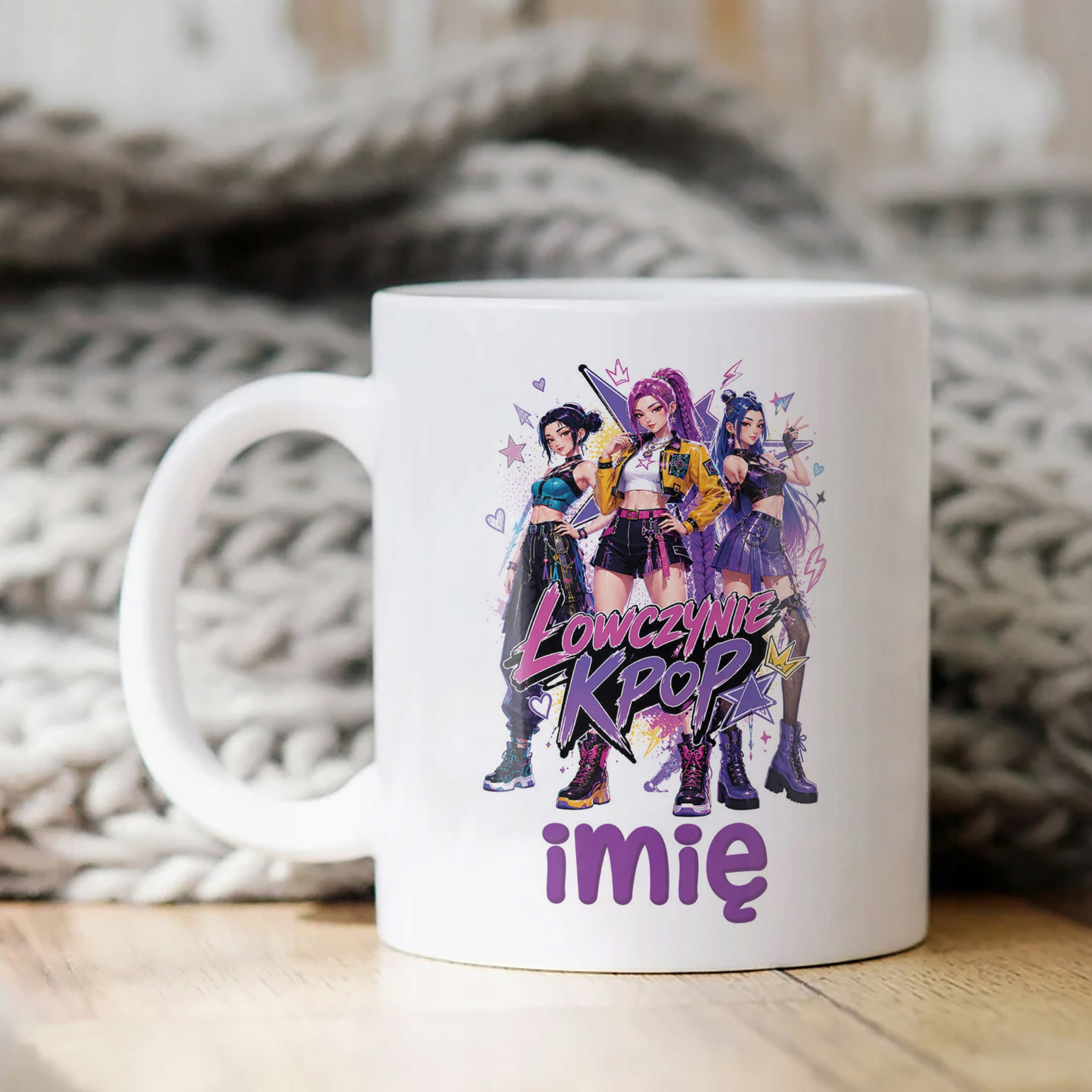 Biały Kubek z nadrukiem personalizowany ŁOWCZYNIE KPOP Dla Dzieci Prezent