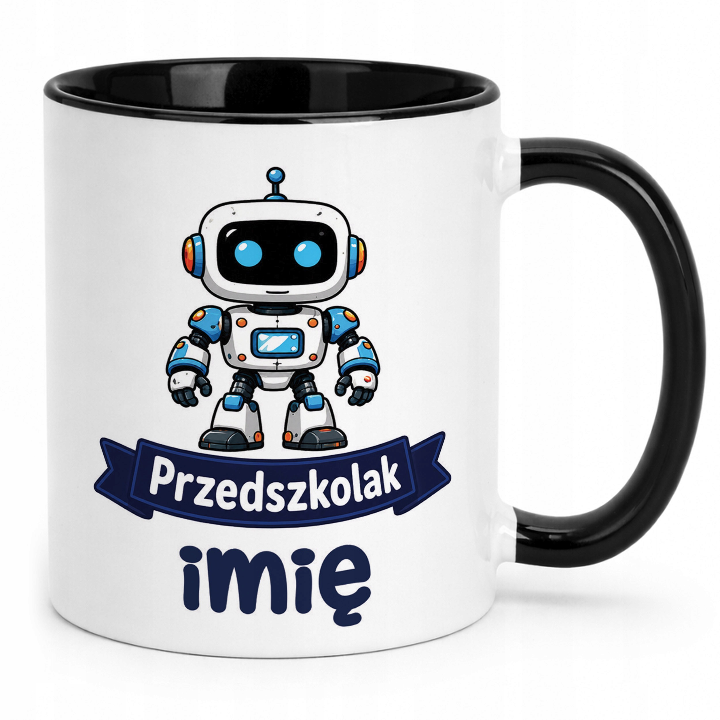 Zestaw Personalizowany Kubek Czarny Poduszka Przedszkolak Robot