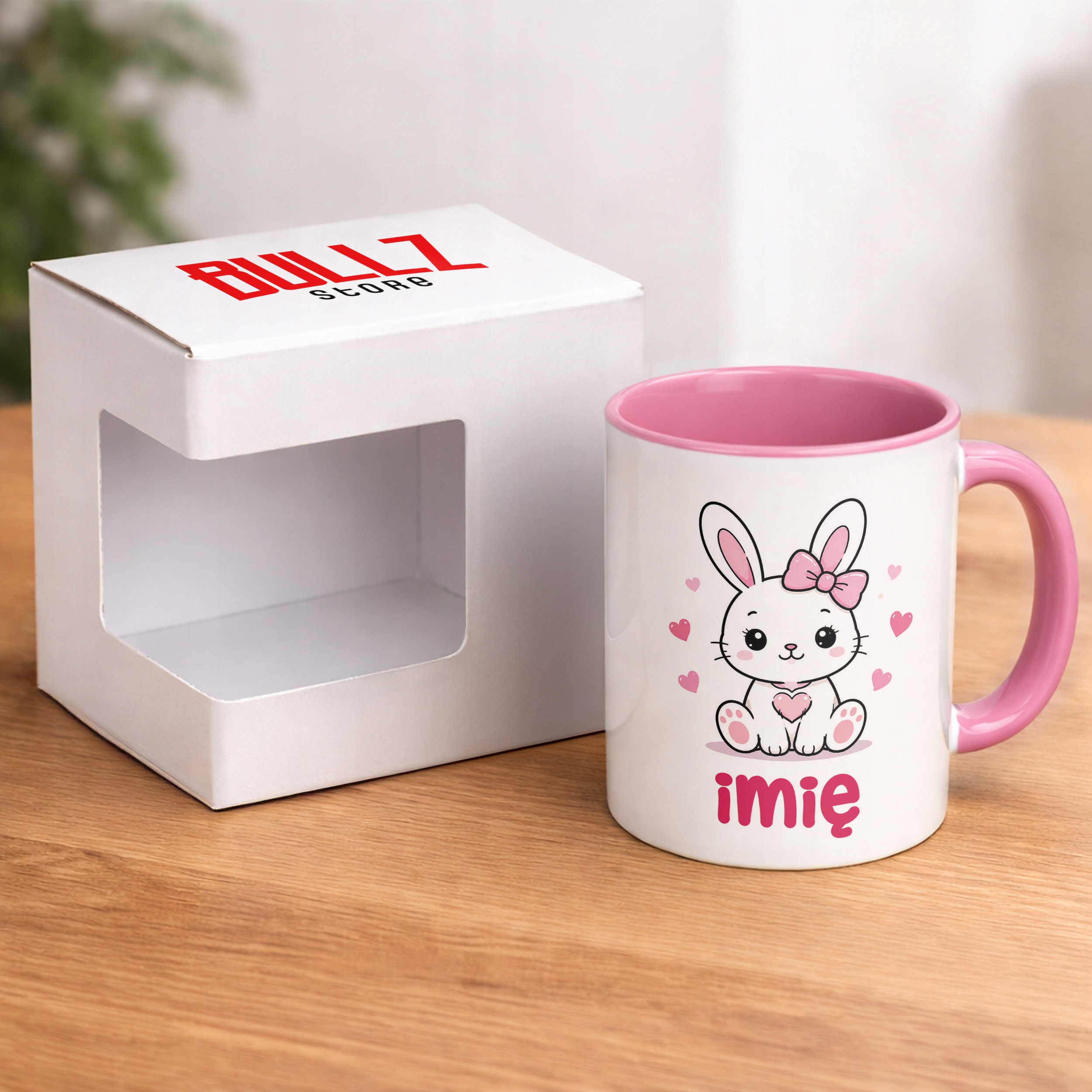 Zestaw Personalizowany Kubek Różowy Poduszka Króliczek Prezent