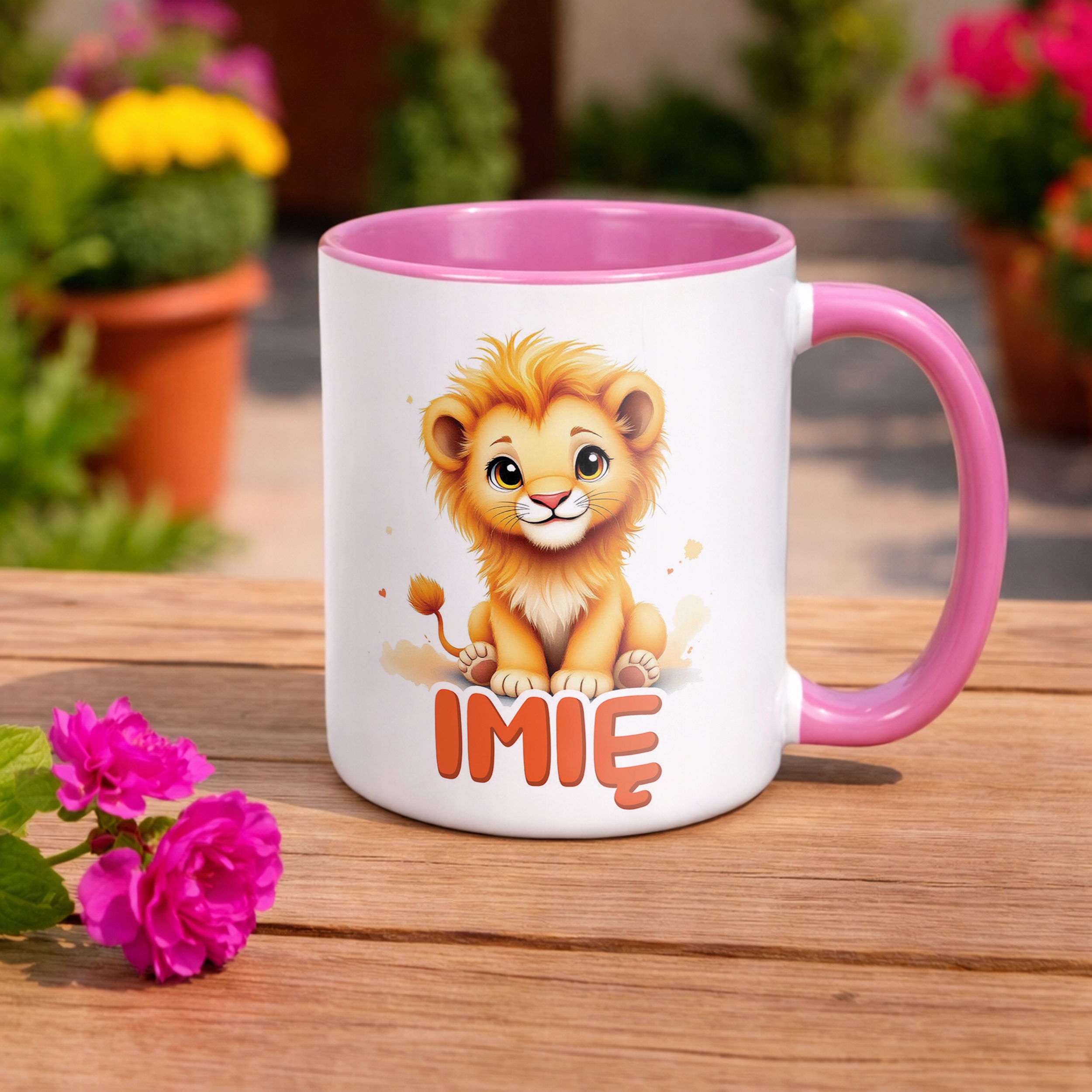 Kubek Różowy Personalizowany Lew Zwierzak Słodki Dla Dzieci