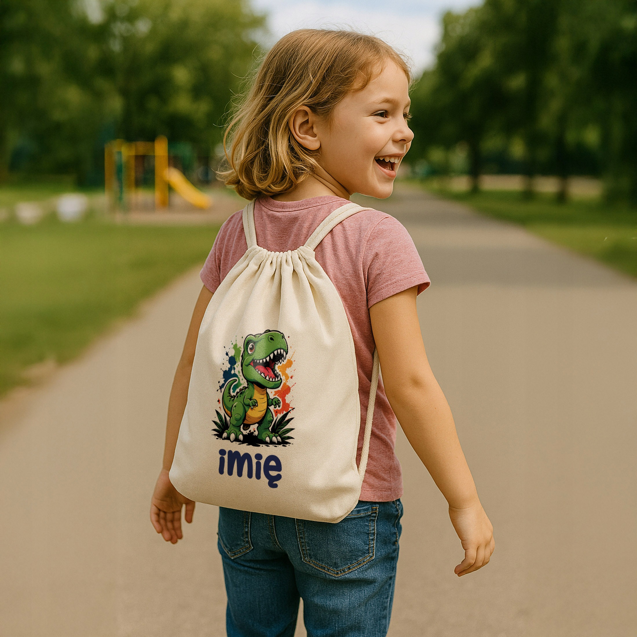 Zestaw Personalizowany Plecak Worek Kubek Czerwony T-rex Prezent