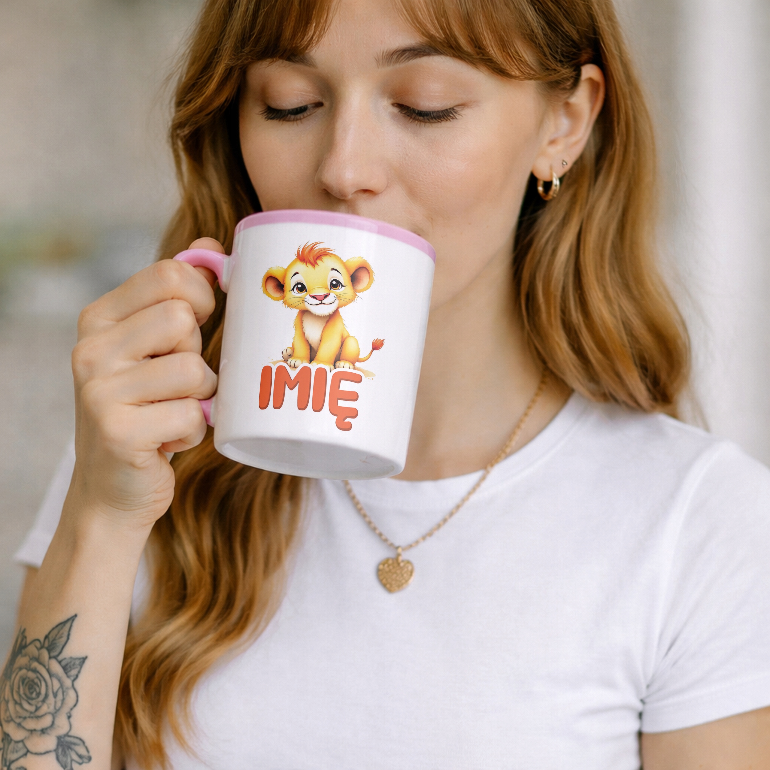 Kubek Różowy Personalizowany Lew Zwierzak Słodki Dla Dzieci