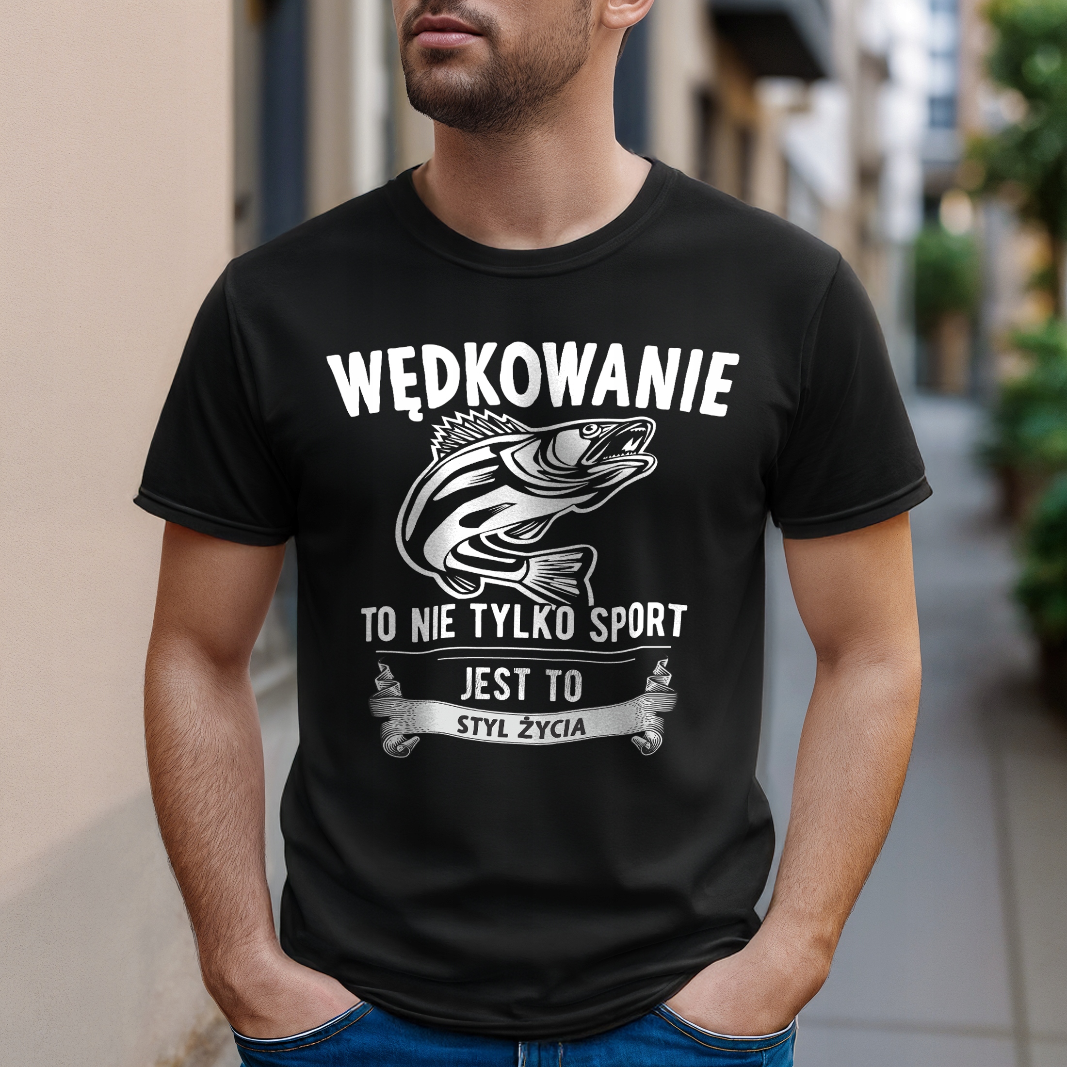 Koszulka czarna męska Dla Wędkarza Wędkowanie Ryby Prezent r. 3XL