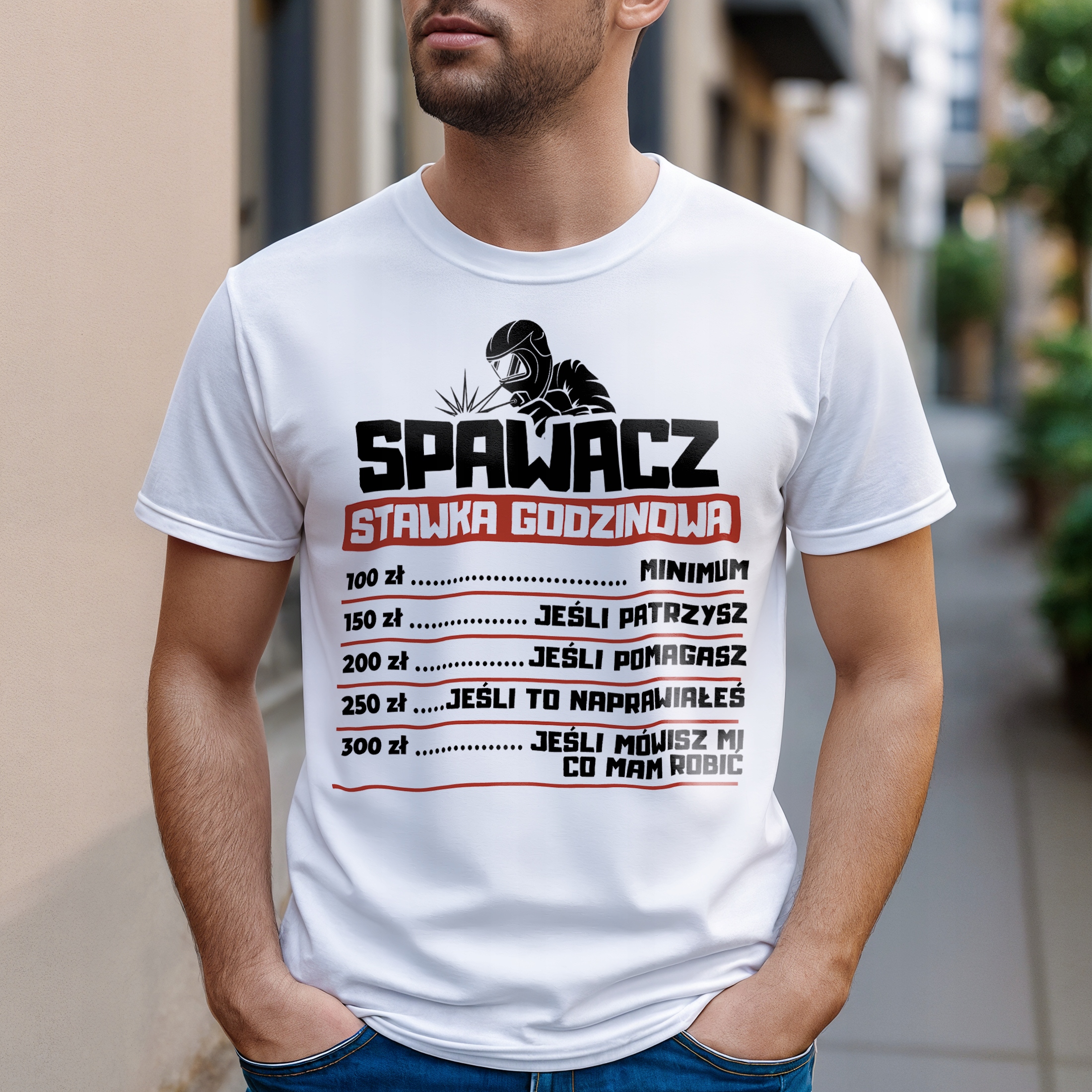 Koszulka biała męska Spawacz Stawka Godzinowa Prezent