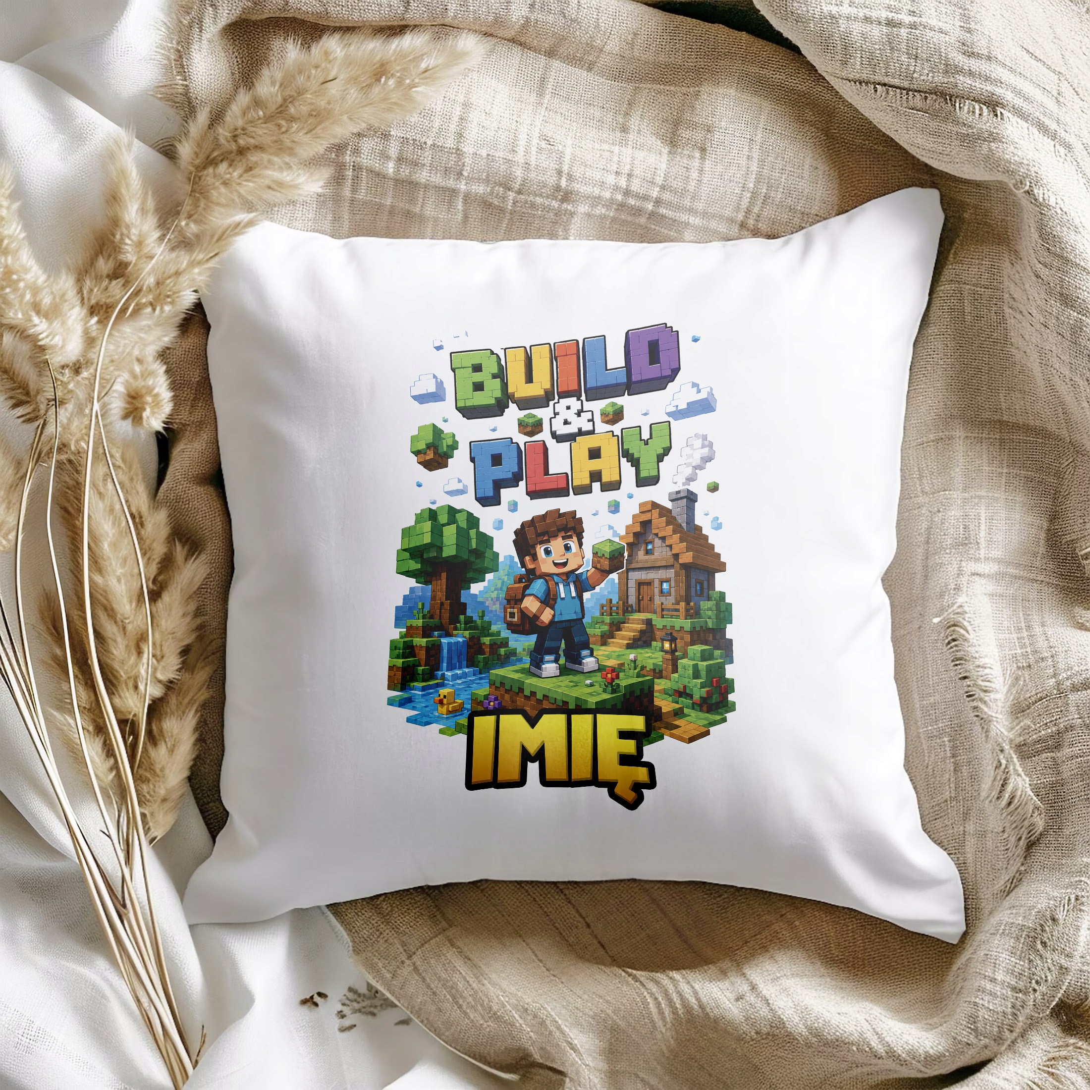 Zestaw Personalizowany Kubek Różowy Poduszka gra Build&Play Prezent