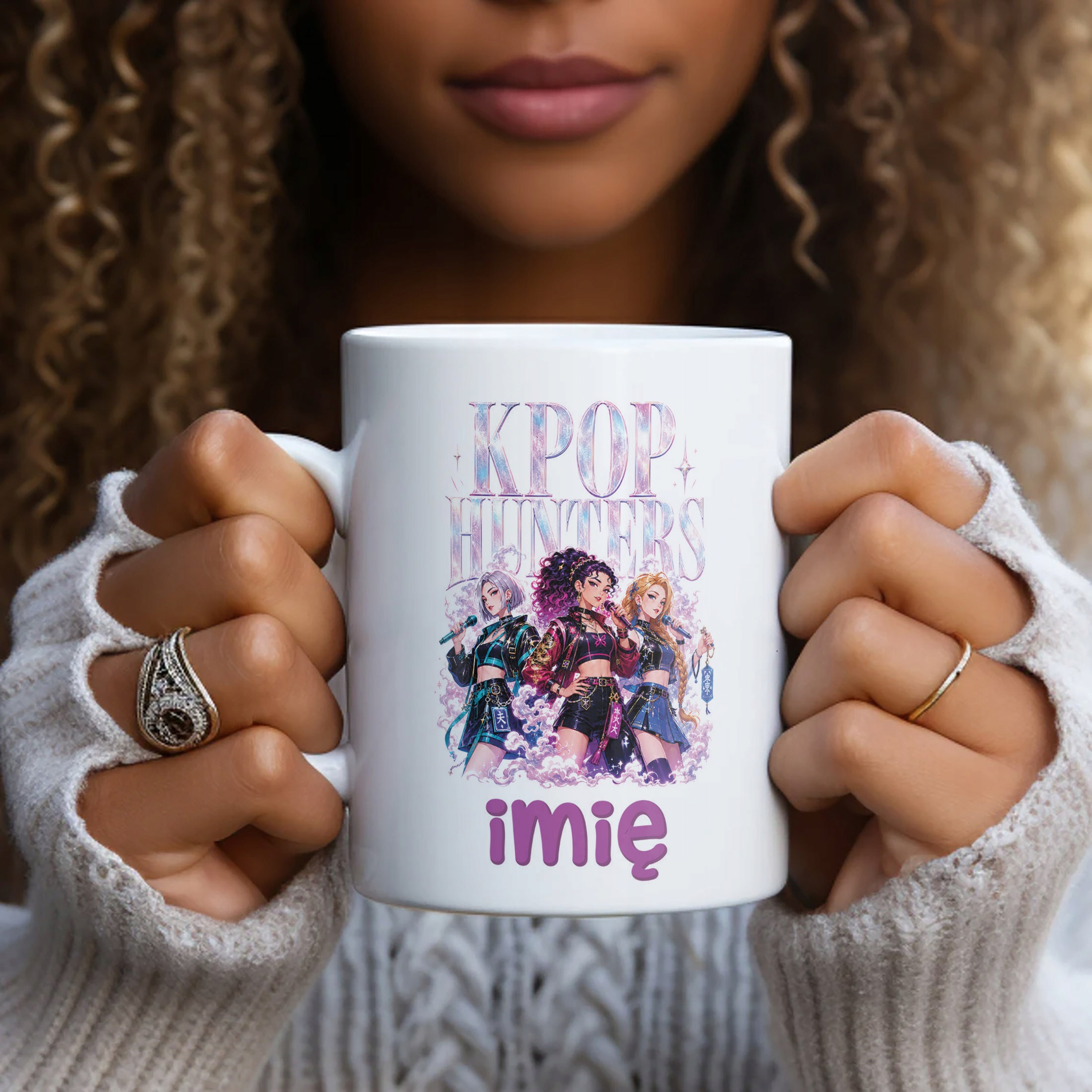 Biały Kubek z nadrukiem personalizowany ŁOWCZYNIE KPOP Dla Dzieci Prezent