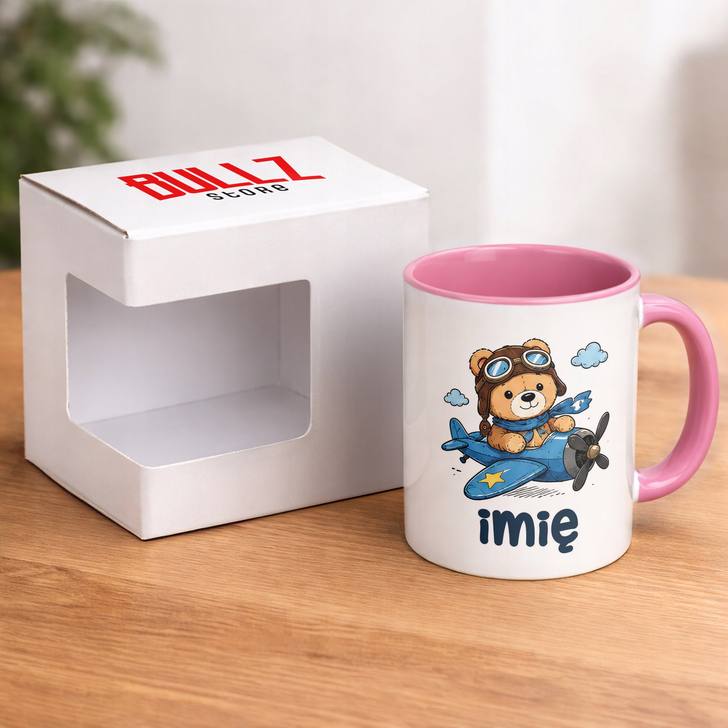 Zestaw Personalizowany Kubek Różowy Poduszka Miś w samolocie Prezent