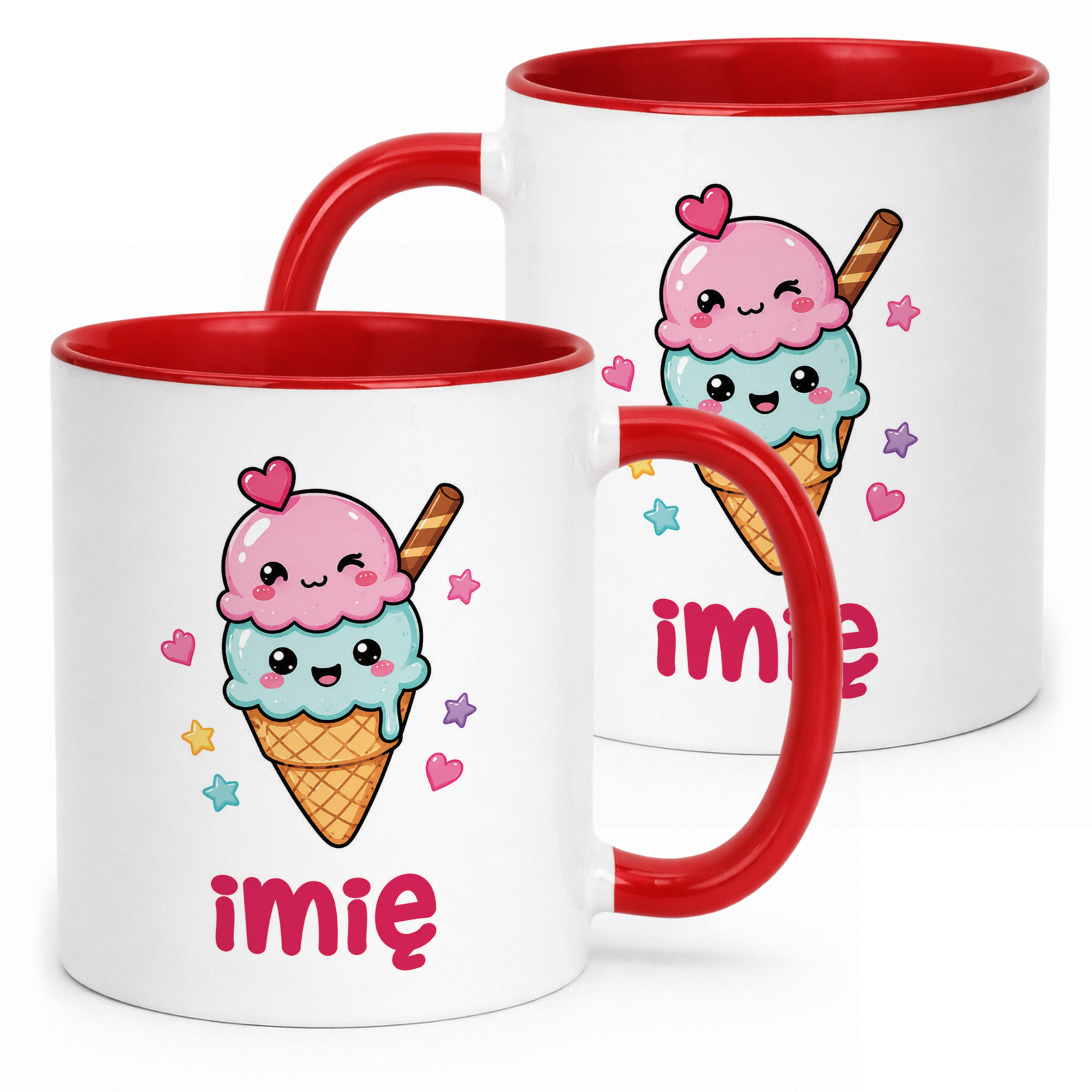 Kubek Czerwony z nadrukiem personalizowany Kawaii Lody Dla Dzieci Prezent