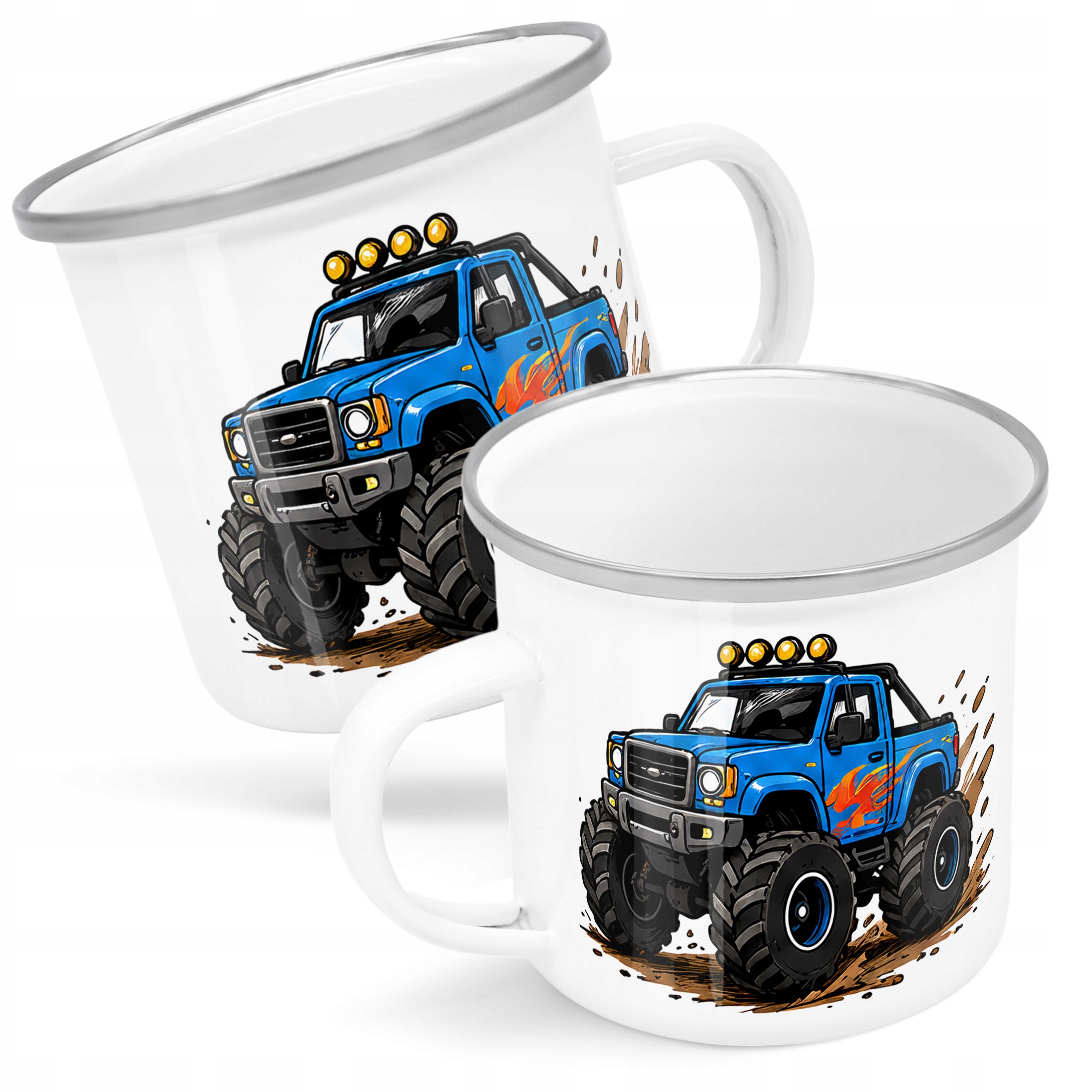 Kubek Emaliowany Monster Truck z Nadrukiem Biały Metalowy Prezent