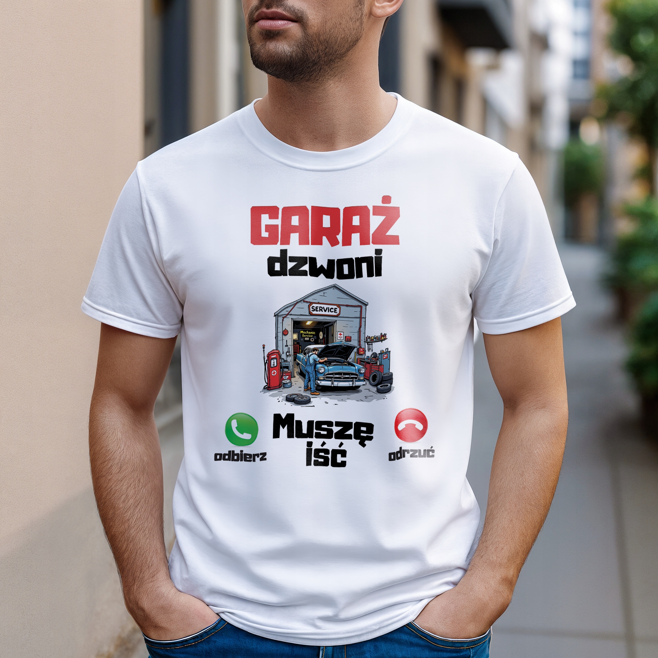 Koszulka biała męska Garaż Dzwoni Mechanik Zabawny Prezent r. 3XL