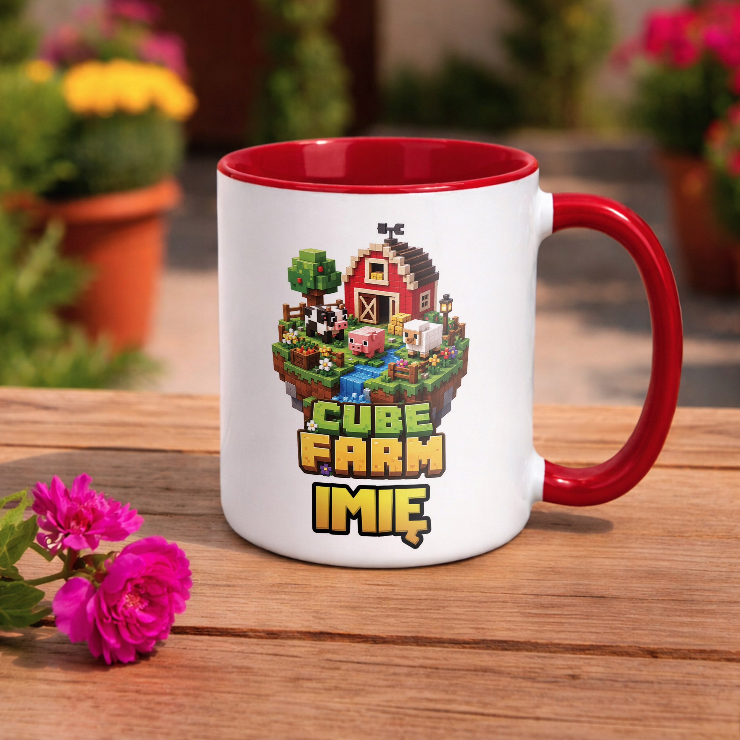Kubek Czerwony z nadrukiem personalizowany CUBE FARM Dla Dzieci Prezent