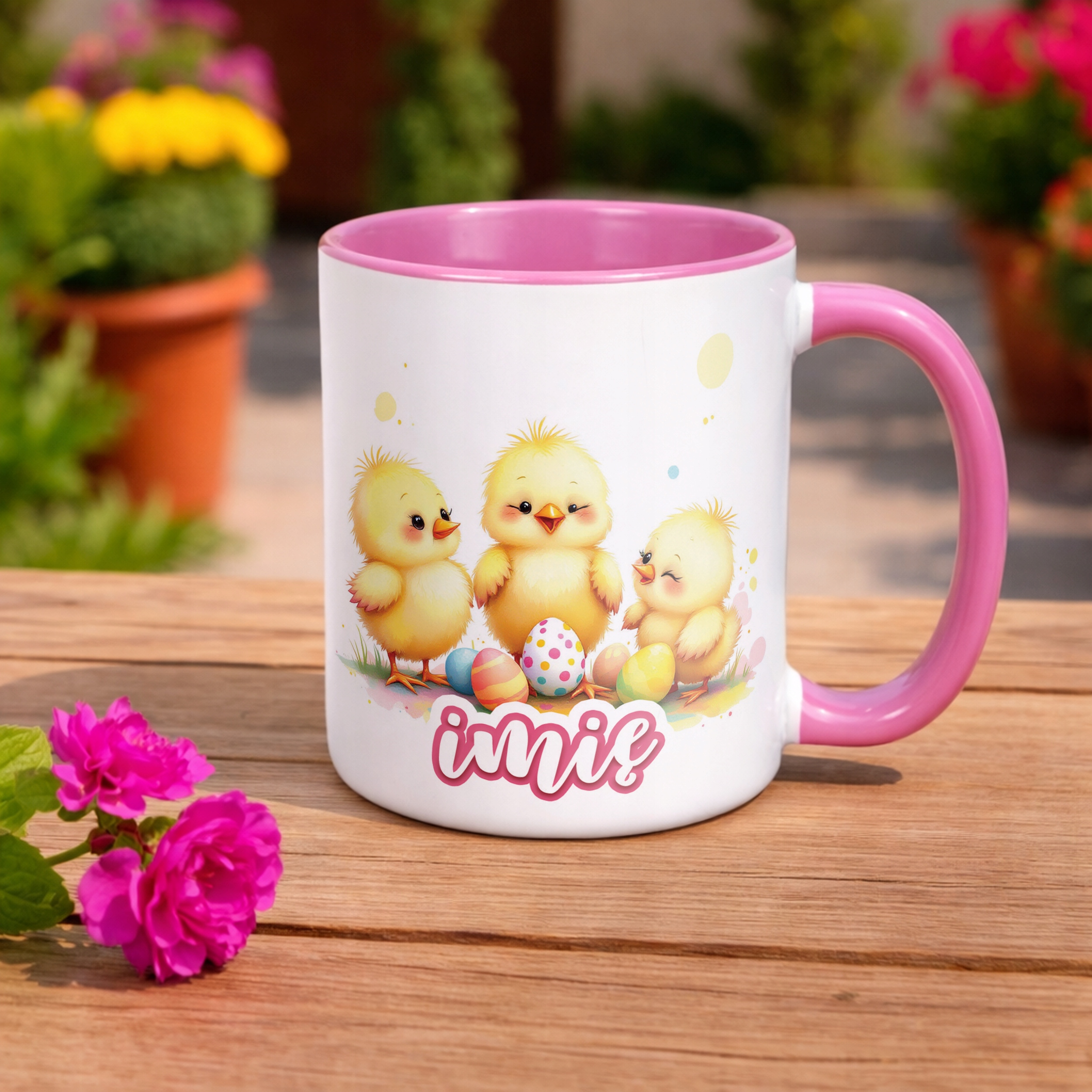 Kubek Różowy Personalizowany Wielkanoc Kurczaki Pisanki