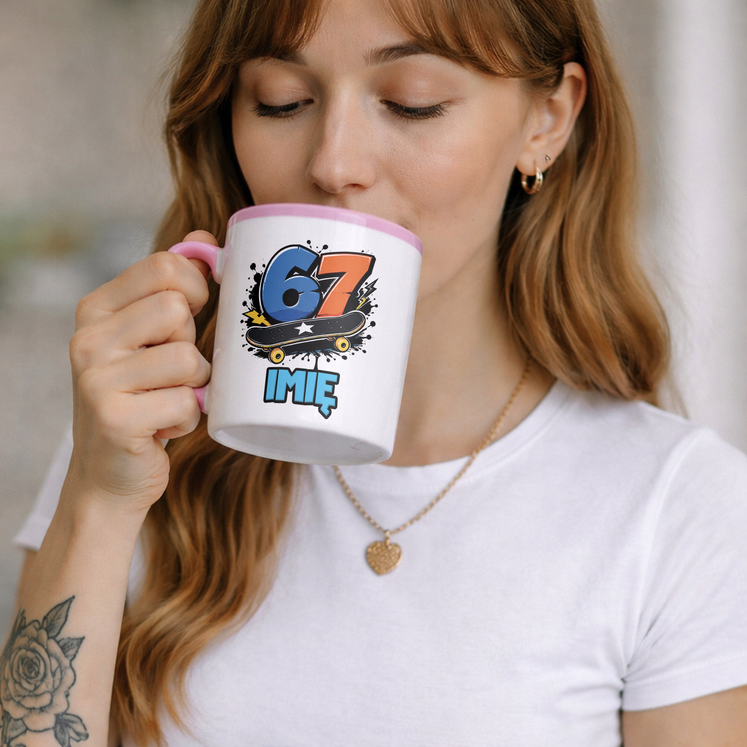 Zestaw Personalizowany Kubek Różowy Poduszka 67 Six Seven Prezent