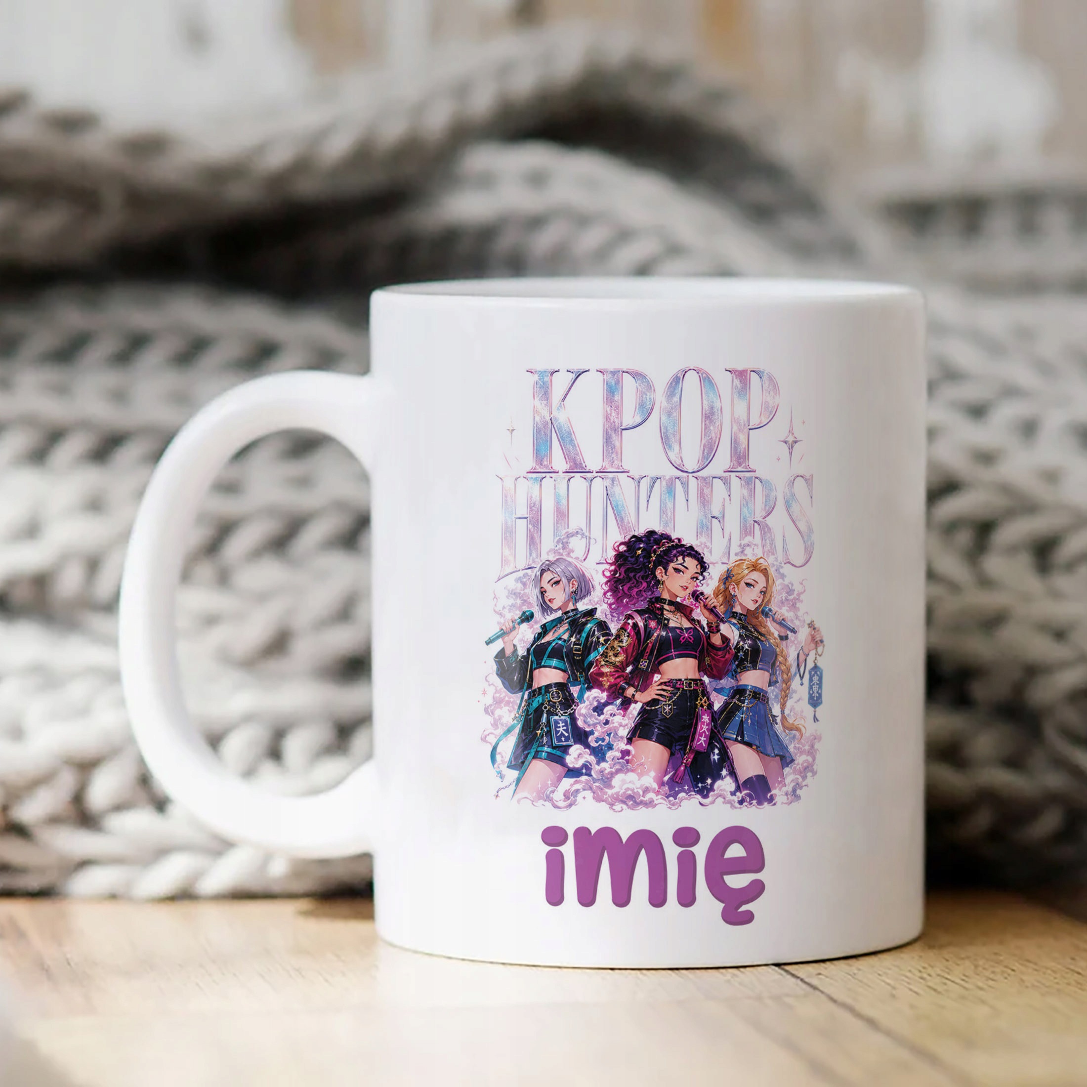Biały Kubek z nadrukiem personalizowany ŁOWCZYNIE KPOP Dla Dzieci Prezent