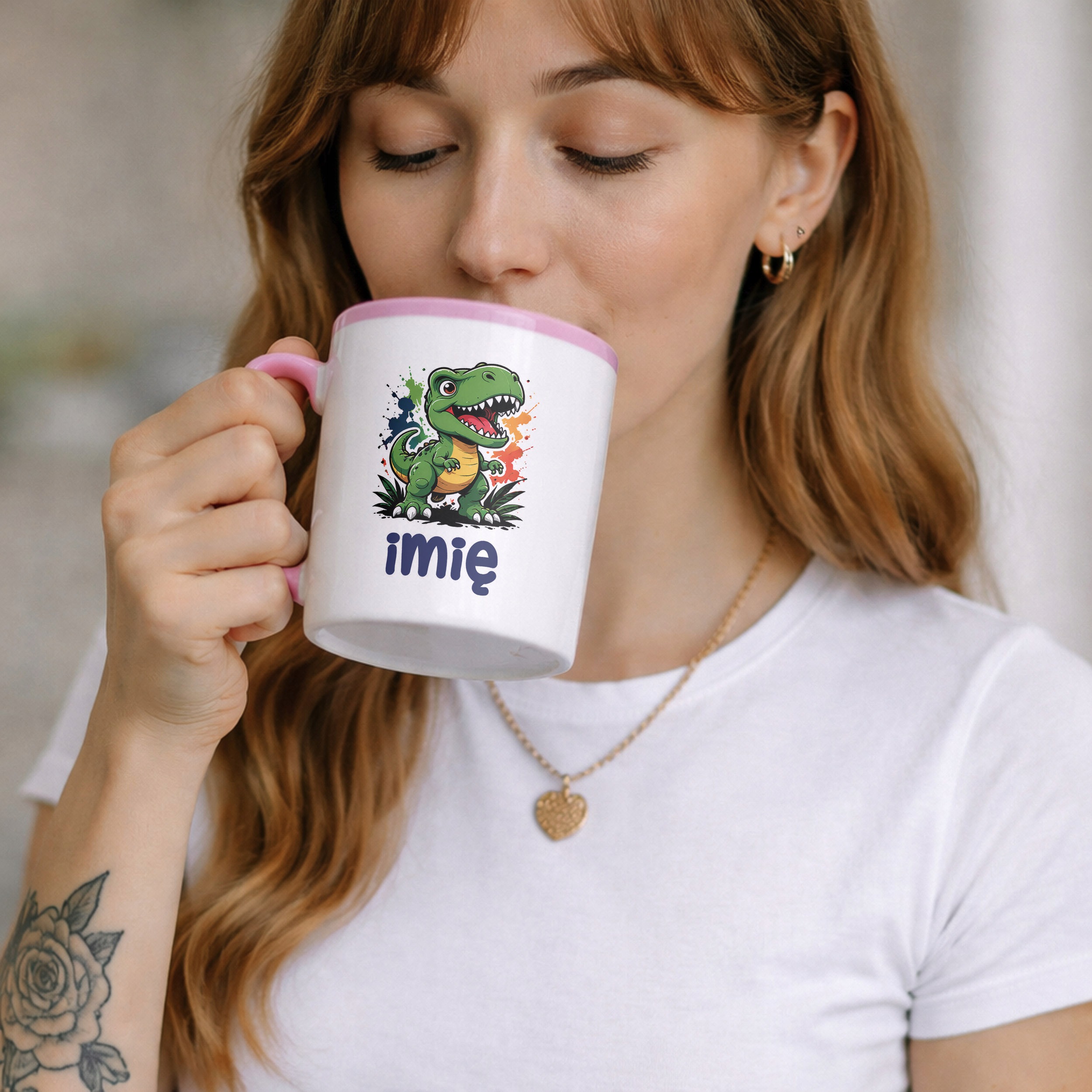 Zestaw Personalizowany Kubek Różowy Poduszka T-rex Prezent