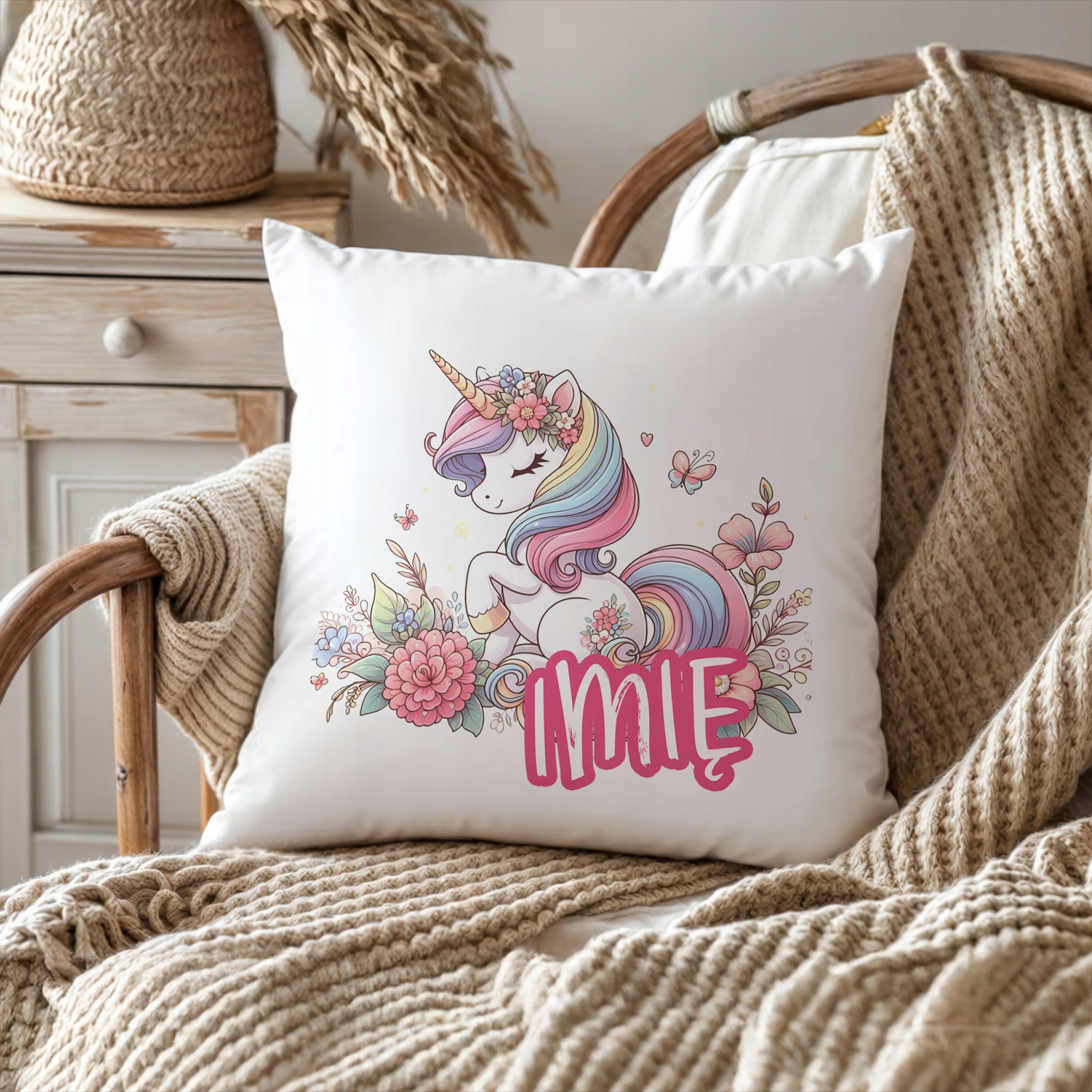 Zestaw Personalizowany Kubek + Poduszka 38×38 cm Z Imieniem Z Jednorożcem