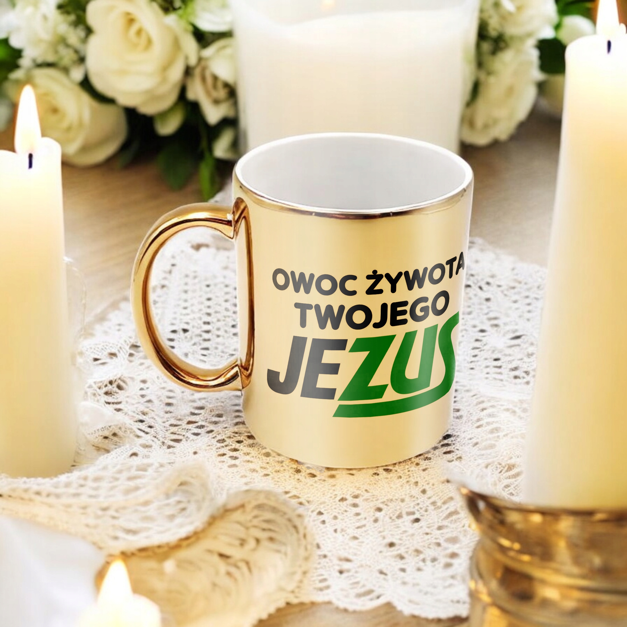 Złoty Kubek Owoc Żywota Twojego Jezus Śmieszny Zabawny Prezent