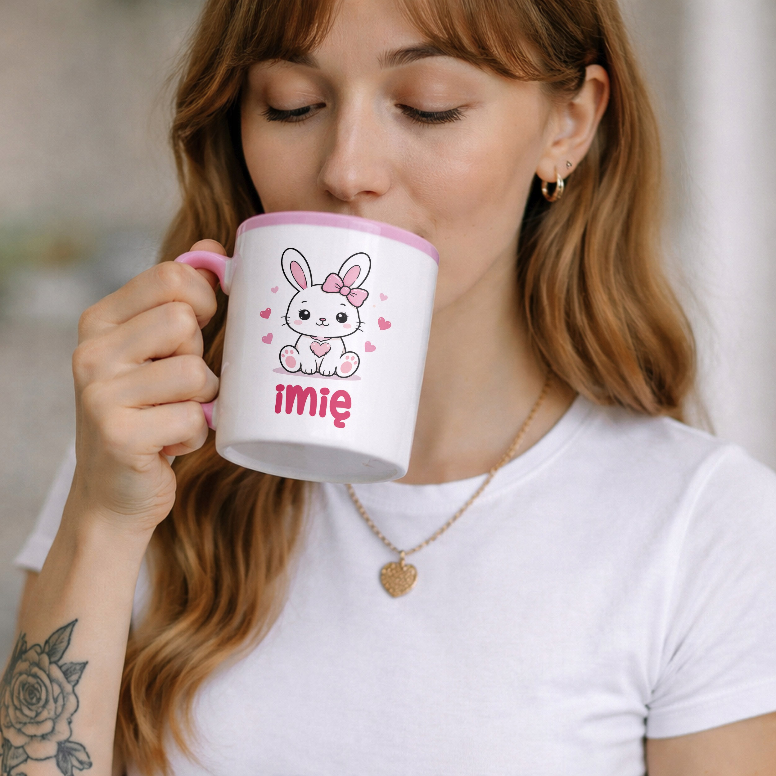 Zestaw Personalizowany Kubek Różowy Poduszka Króliczek Prezent