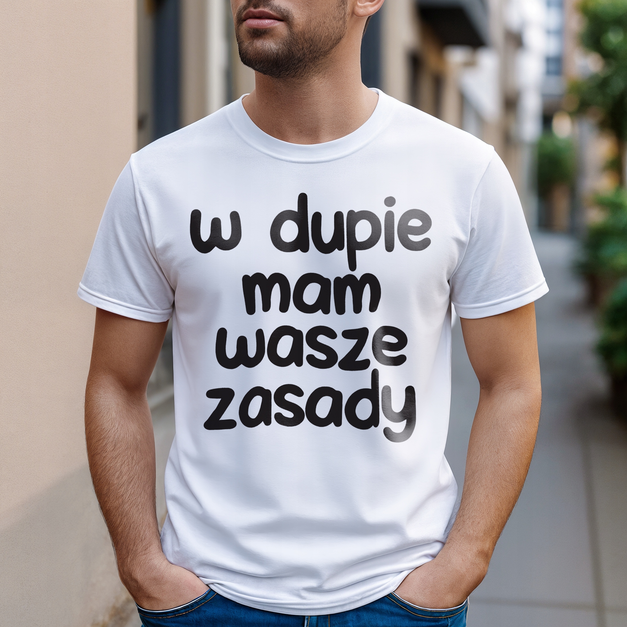 Koszulka biała męska W D*pie Mam Wasze Zasady Zabawny Prezent r. 3XL