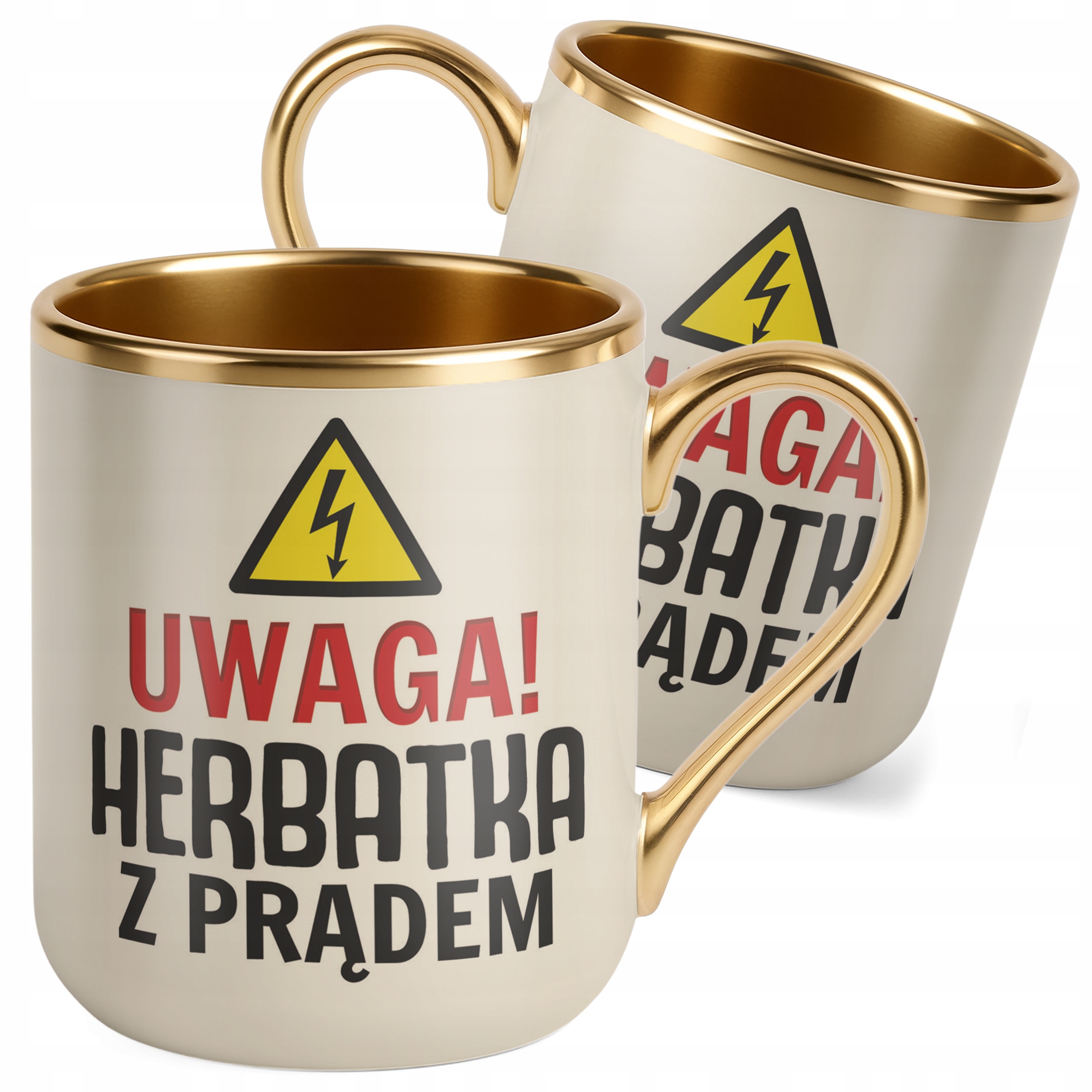 Kubek Premium Złoty Ecru Uwaga Herbata Z Prądem Zabawny Prezent Upominek