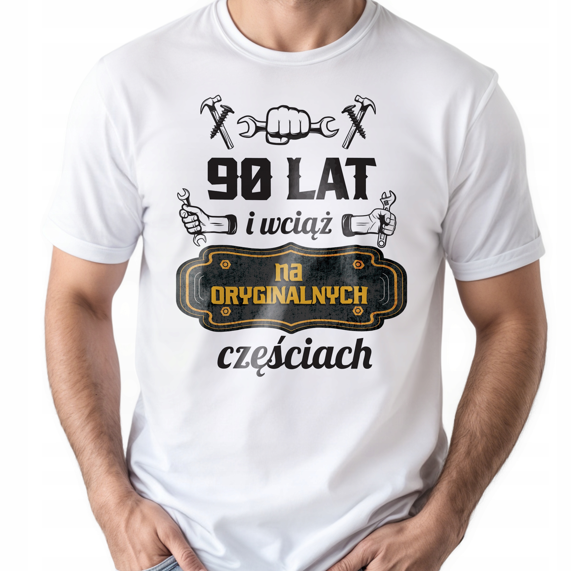 Koszulka biała męska 90 Urodziny Wciąż Na Oryginalnych Częściach
